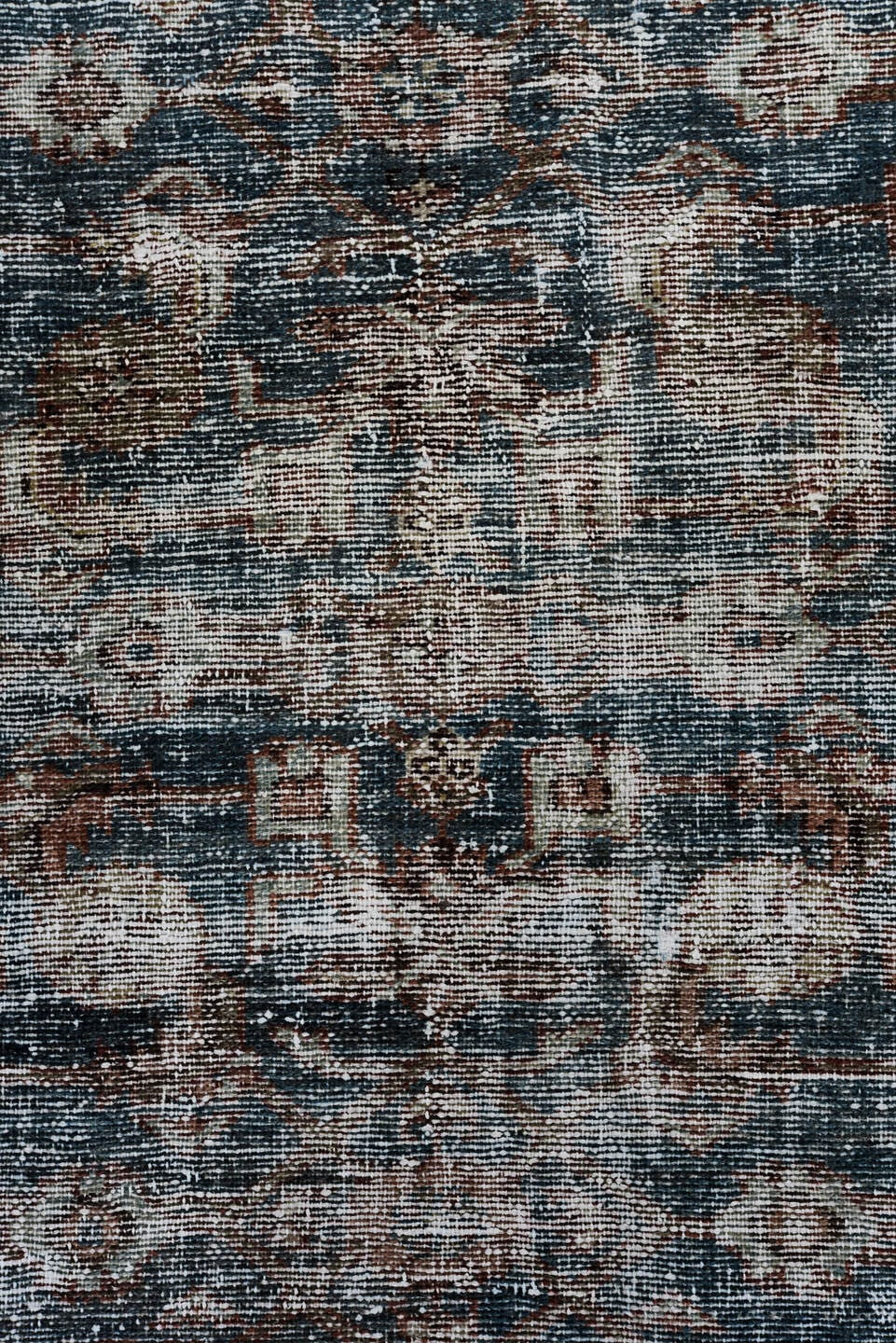 2' x 9' one-of-a-kind handmade vintage Malayer runner rug. Color palette: blue, brown, rust, ivory, charcoal, taupe