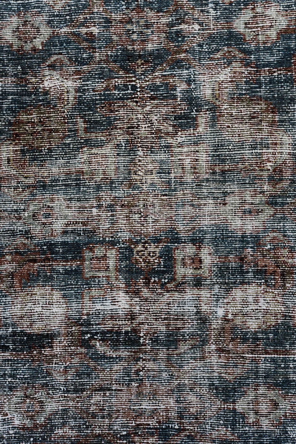 2' x 9' one-of-a-kind handmade vintage Malayer runner rug. Color palette: blue, brown, rust, ivory, charcoal, taupe