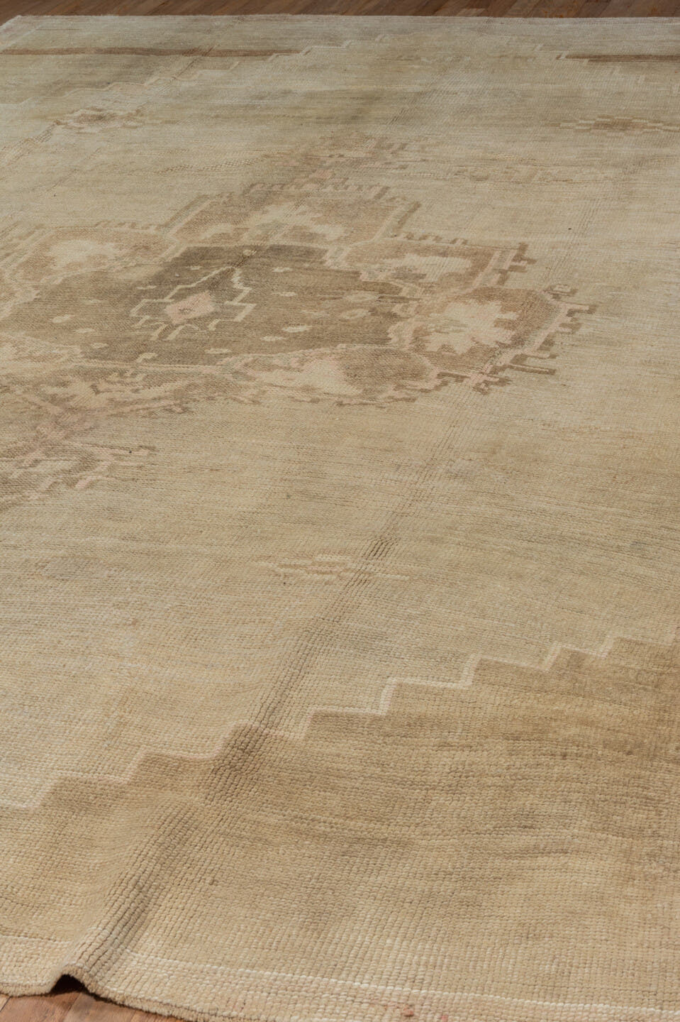 7' x 11' one-of-a-kind handmade vintage Oushak large size rug. Color palette: beige, ivory, taupe, camel, sand, light brown