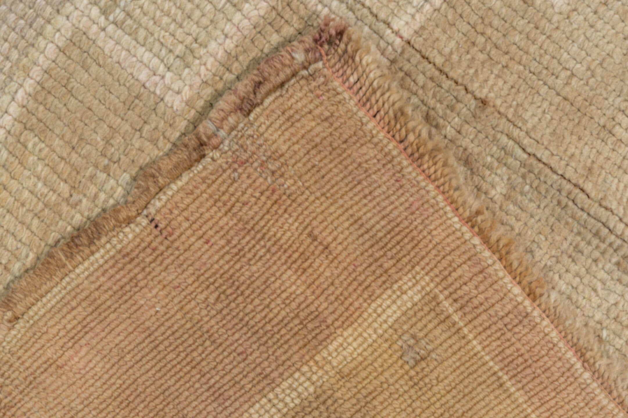 7' x 11' one-of-a-kind handmade vintage Oushak large size rug. Color palette: beige, ivory, taupe, camel, sand, light brown