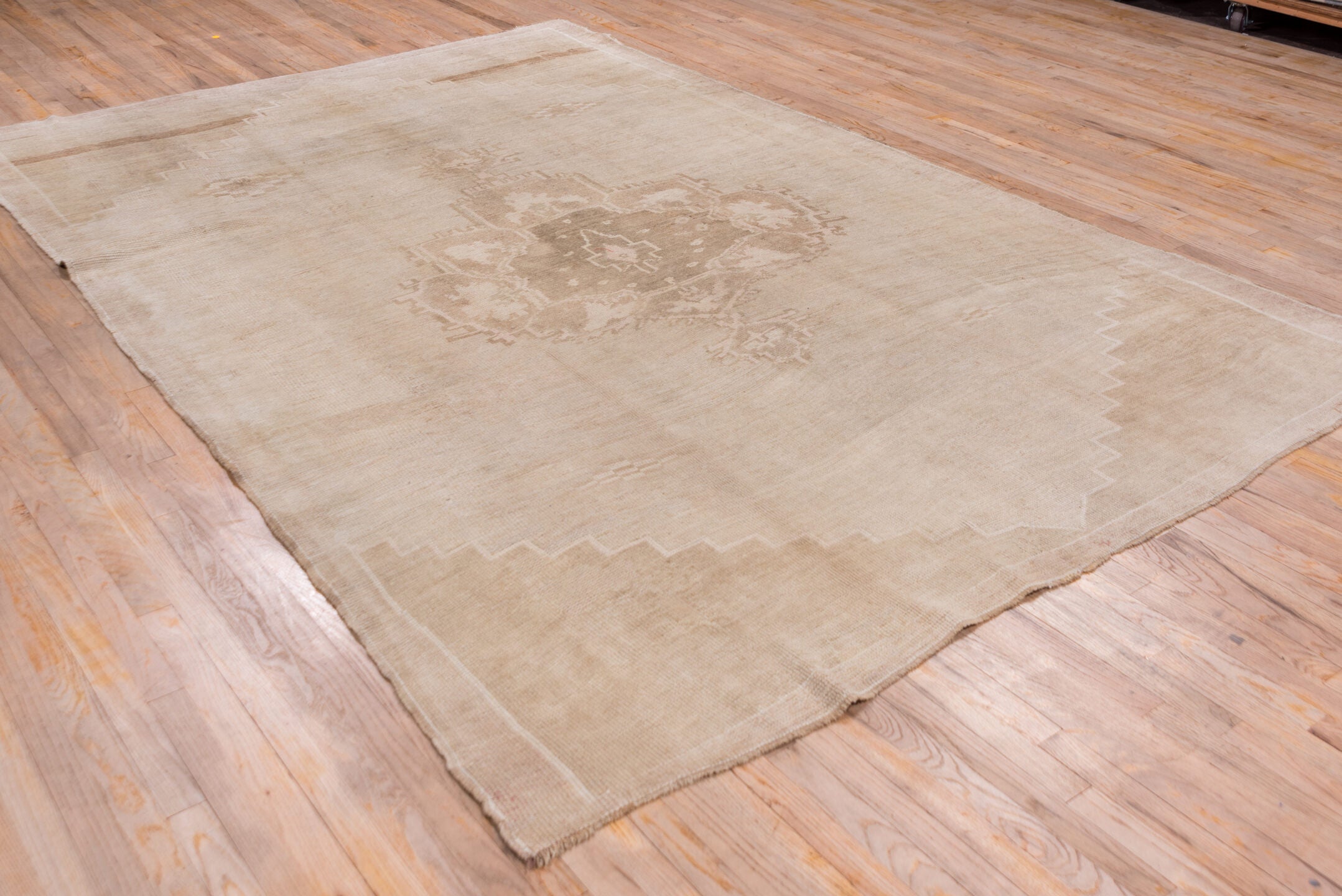 7' x 11' one-of-a-kind handmade vintage Oushak large size rug. Color palette: beige, ivory, taupe, camel, sand, light brown