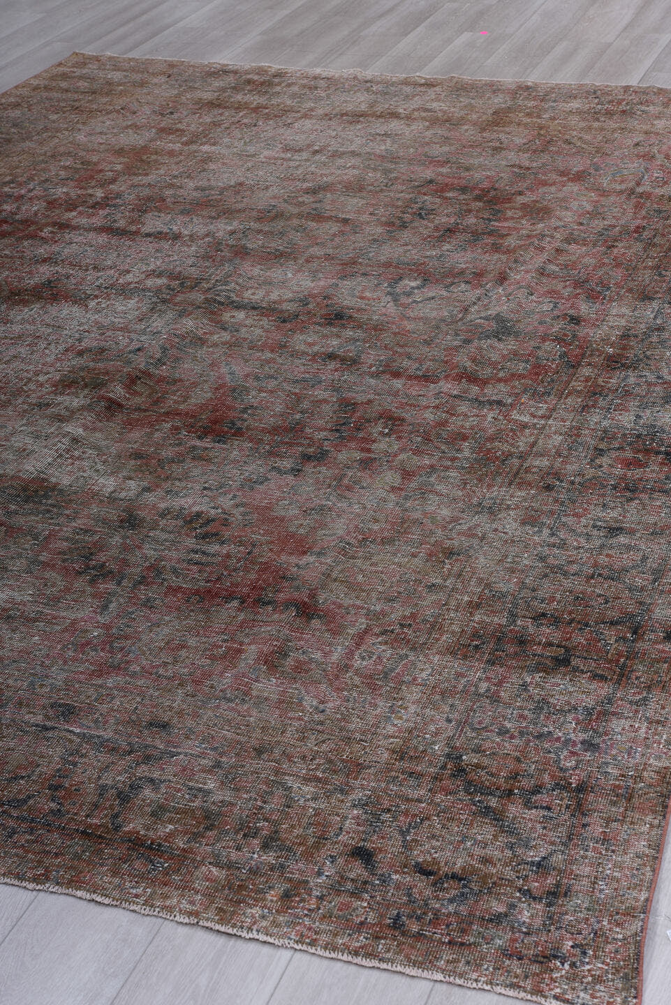 9' x 12' one-of-a-kind handmade vintage Mahal large size rug. Color palette: taupe, rose, charcoal, slate, burgundy, ivory