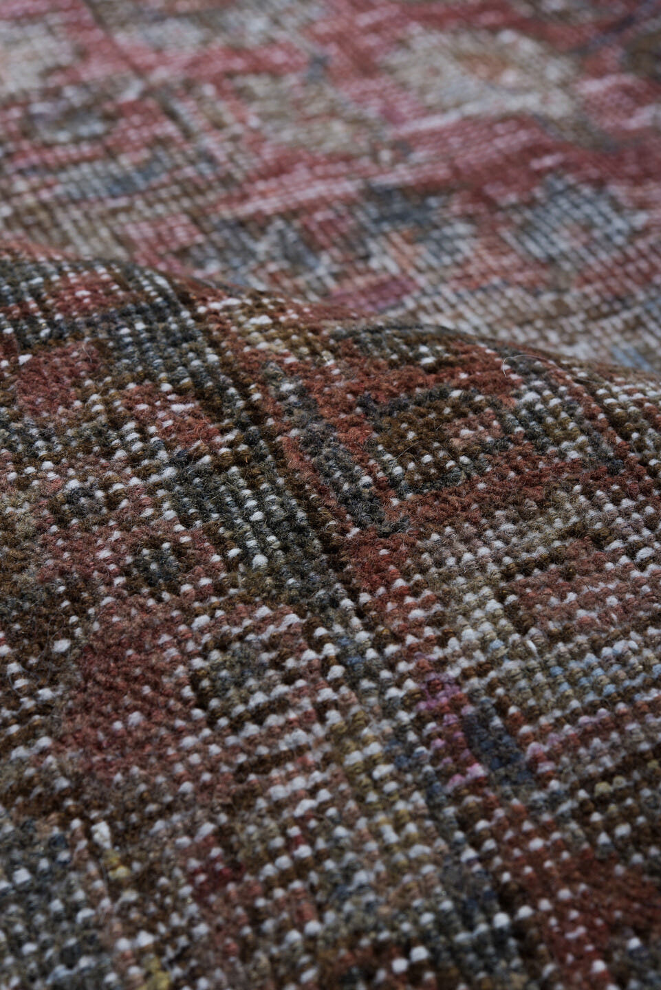 9' x 12' one-of-a-kind handmade vintage Mahal large size rug. Color palette: taupe, rose, charcoal, slate, burgundy, ivory