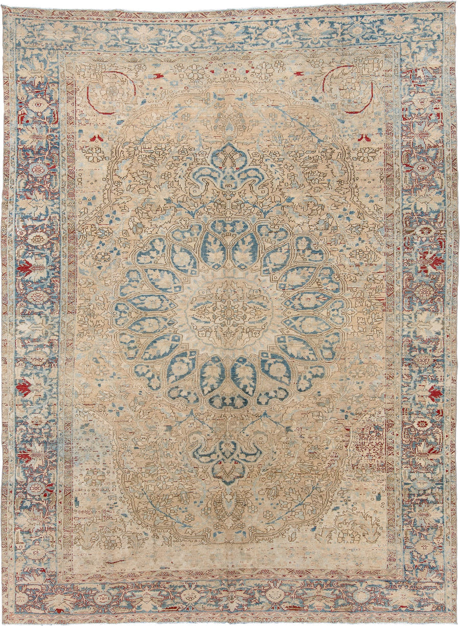 9' x 12' one-of-a-kind handmade vintage Heriz large size rug. Color palette: ivory, sky blue, beige, taupe, rust, camel