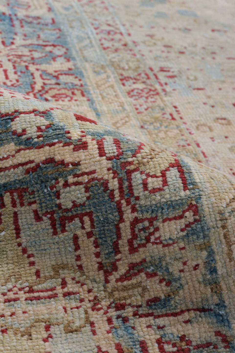9' x 12' one-of-a-kind handmade vintage Heriz large size rug. Color palette: ivory, sky blue, beige, taupe, rust, camel