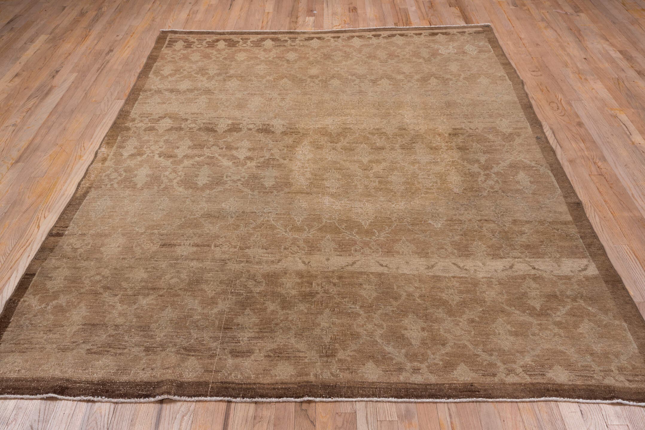 6' x 9' one-of-a-kind handmade vintage Oushak medium size rug. Color palette: taupe, camel, brown, beige, ivory, gray