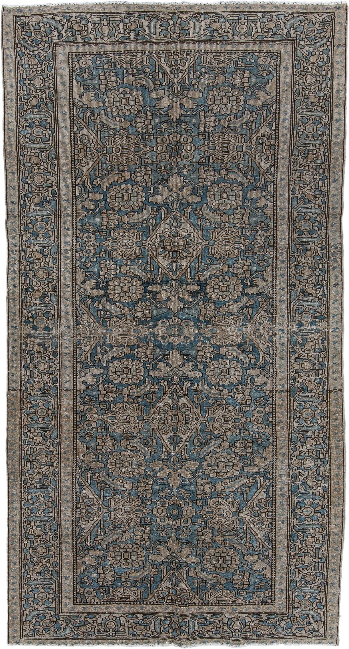 5' x 10' one-of-a-kind handmade antique Malayer runner rug. Color palette: blue, ivory, taupe, slate, charcoal, beige, gray
