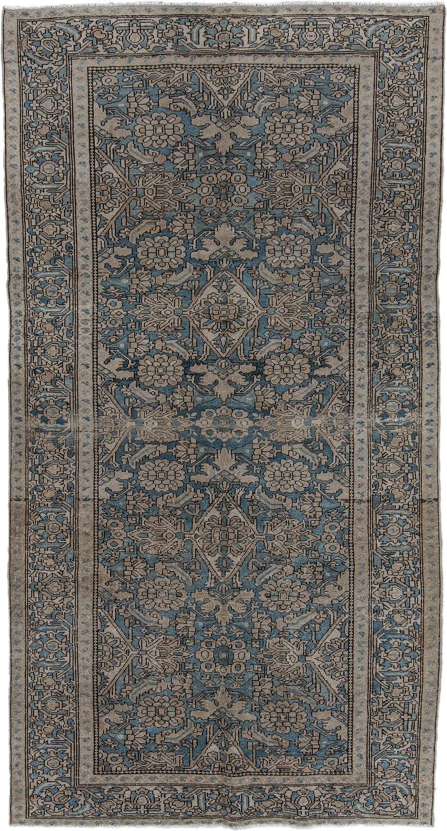 5' x 10' one-of-a-kind handmade antique Malayer runner rug. Color palette: blue, ivory, taupe, slate, charcoal, beige, gray