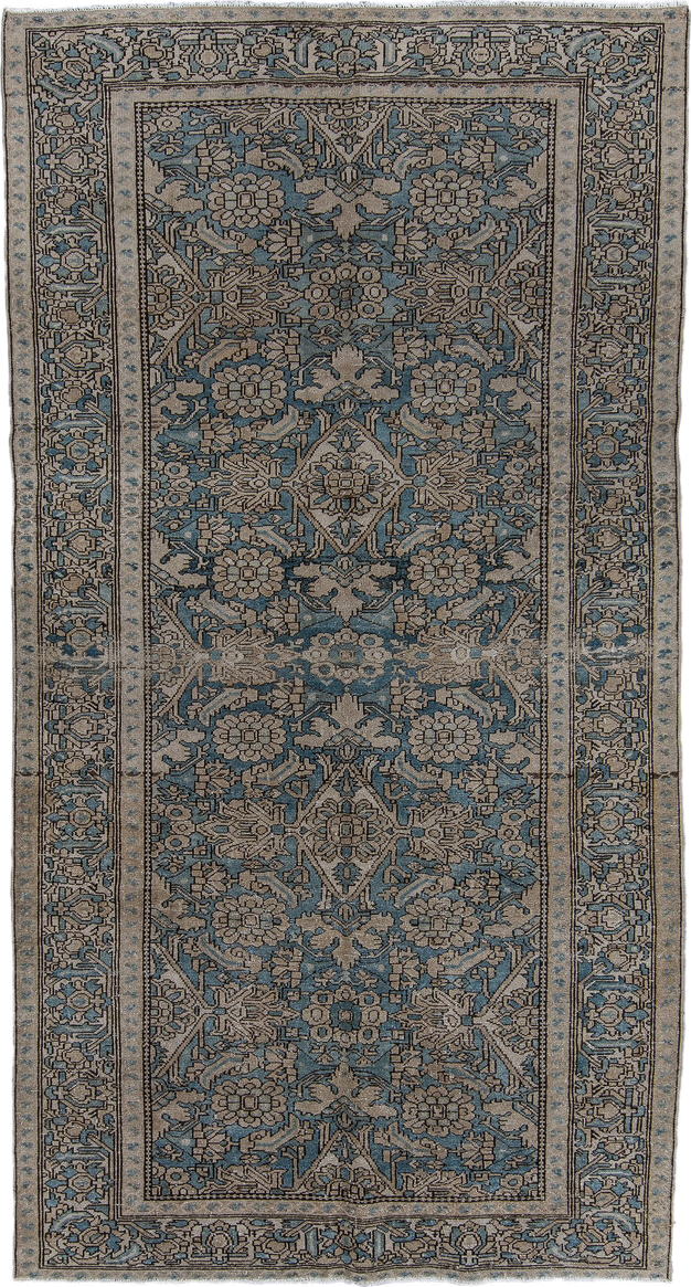 5' x 10' one-of-a-kind handmade antique Malayer runner rug. Color palette: blue, ivory, taupe, slate, charcoal, beige, gray