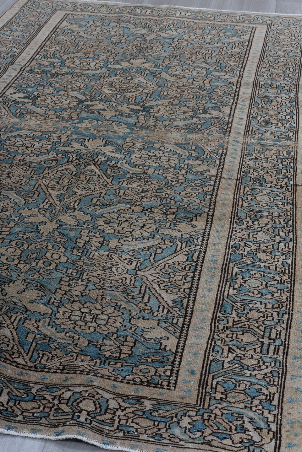 5' x 10' one-of-a-kind handmade antique Malayer runner rug. Color palette: blue, ivory, taupe, slate, charcoal, beige, gray