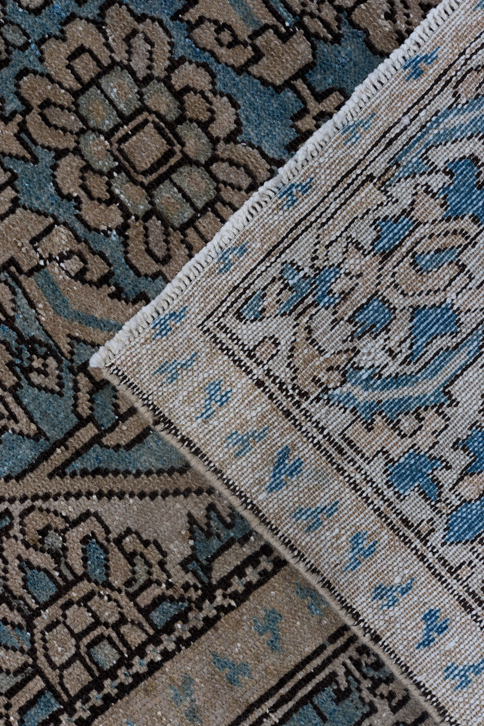 5' x 10' one-of-a-kind handmade antique Malayer runner rug. Color palette: blue, ivory, taupe, slate, charcoal, beige, gray