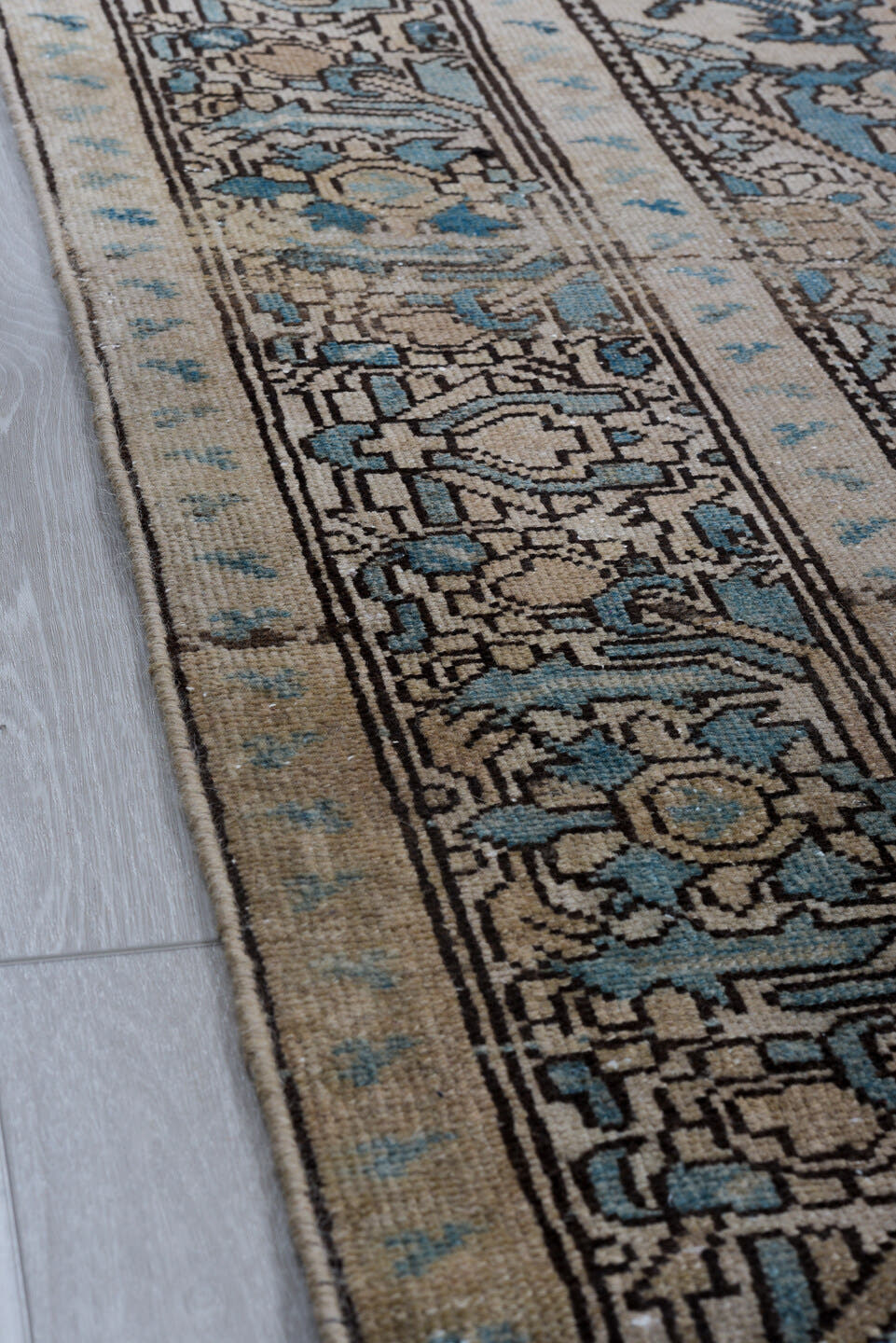 5' x 10' one-of-a-kind handmade antique Malayer runner rug. Color palette: blue, ivory, taupe, slate, charcoal, beige, gray