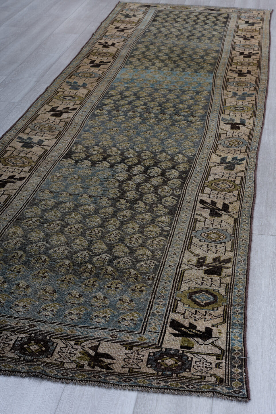3' x 12' one-of-a-kind handmade vintage NW Persian runner rug. Color palette: ivory, blue, charcoal, slate, taupe, camel