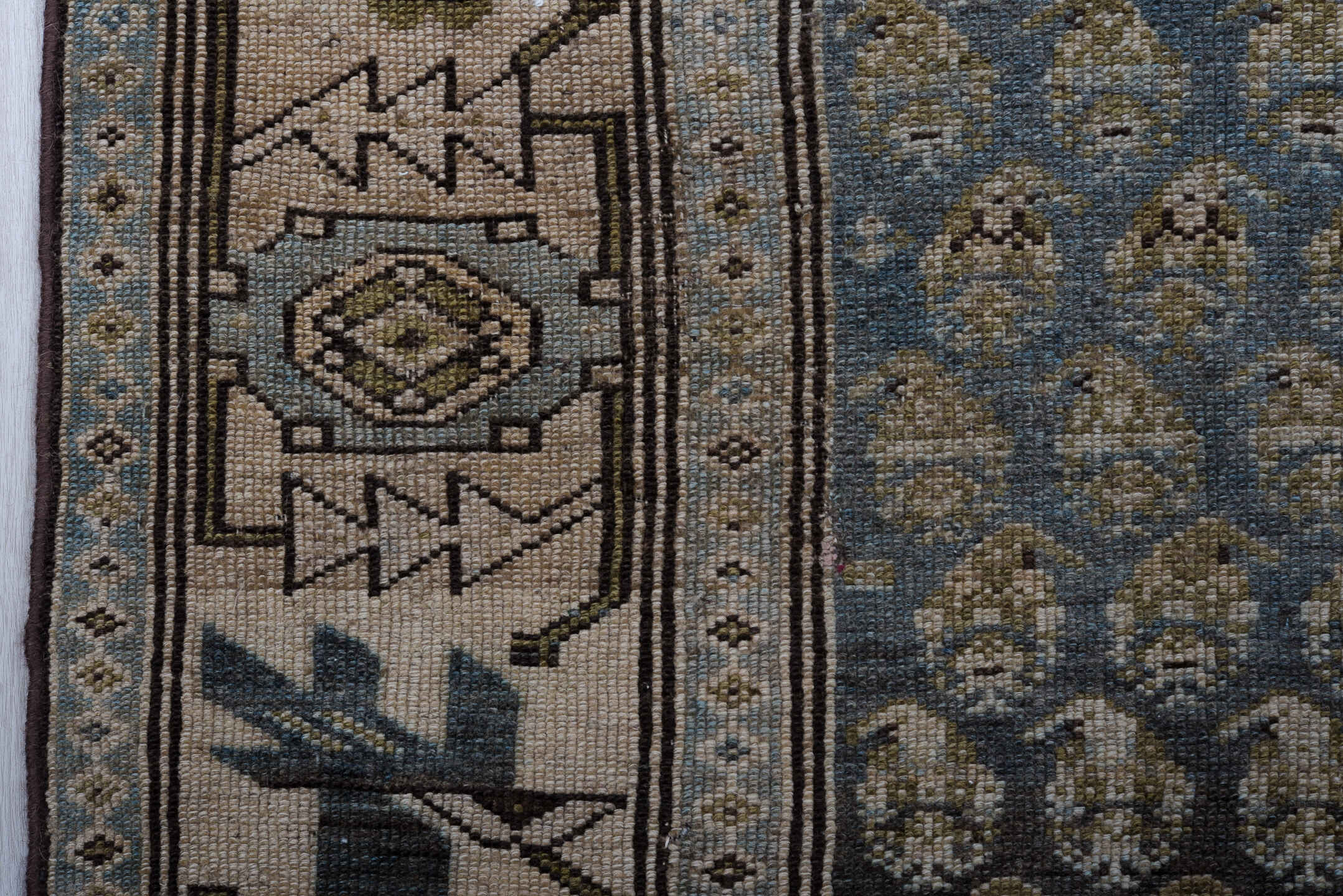 3' x 12' one-of-a-kind handmade vintage NW Persian runner rug. Color palette: ivory, blue, charcoal, slate, taupe, camel
