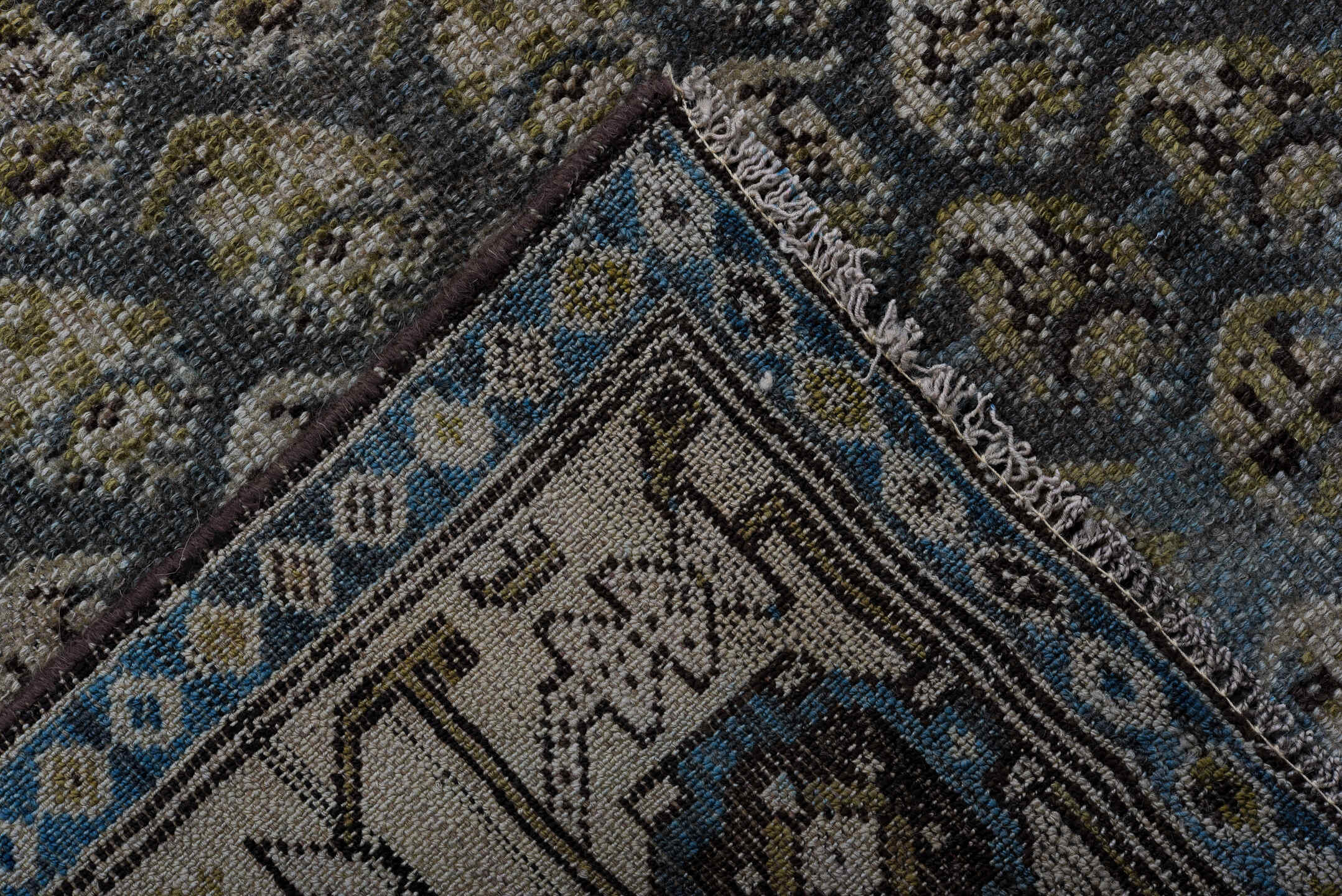 3' x 12' one-of-a-kind handmade vintage NW Persian runner rug. Color palette: black, blue, charcoal, dim gray, gray