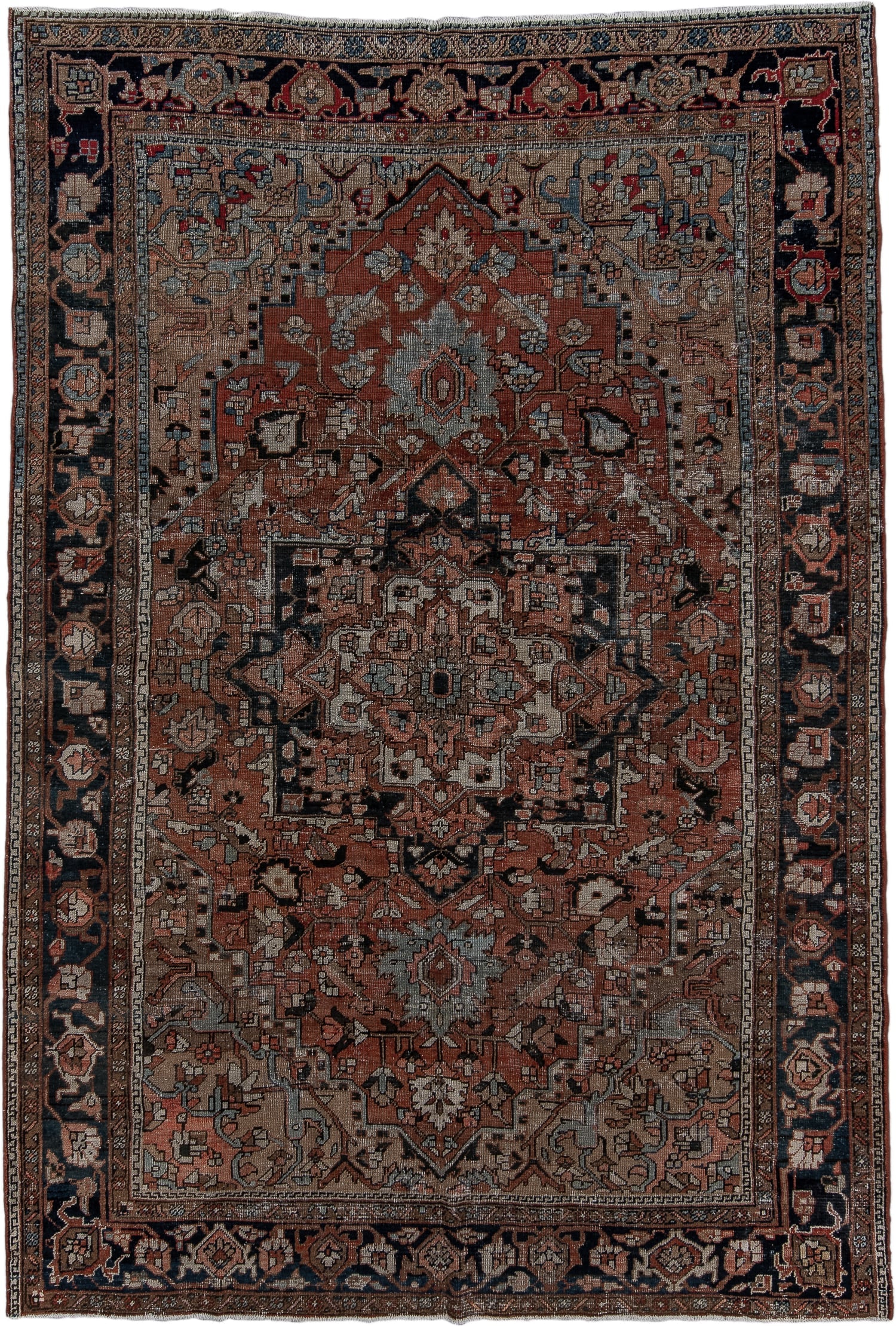 6' x 9' one-of-a-kind handmade antique Heriz medium size rug. Color palette: terra cotta, navy, ivory, slate, taupe, rust
