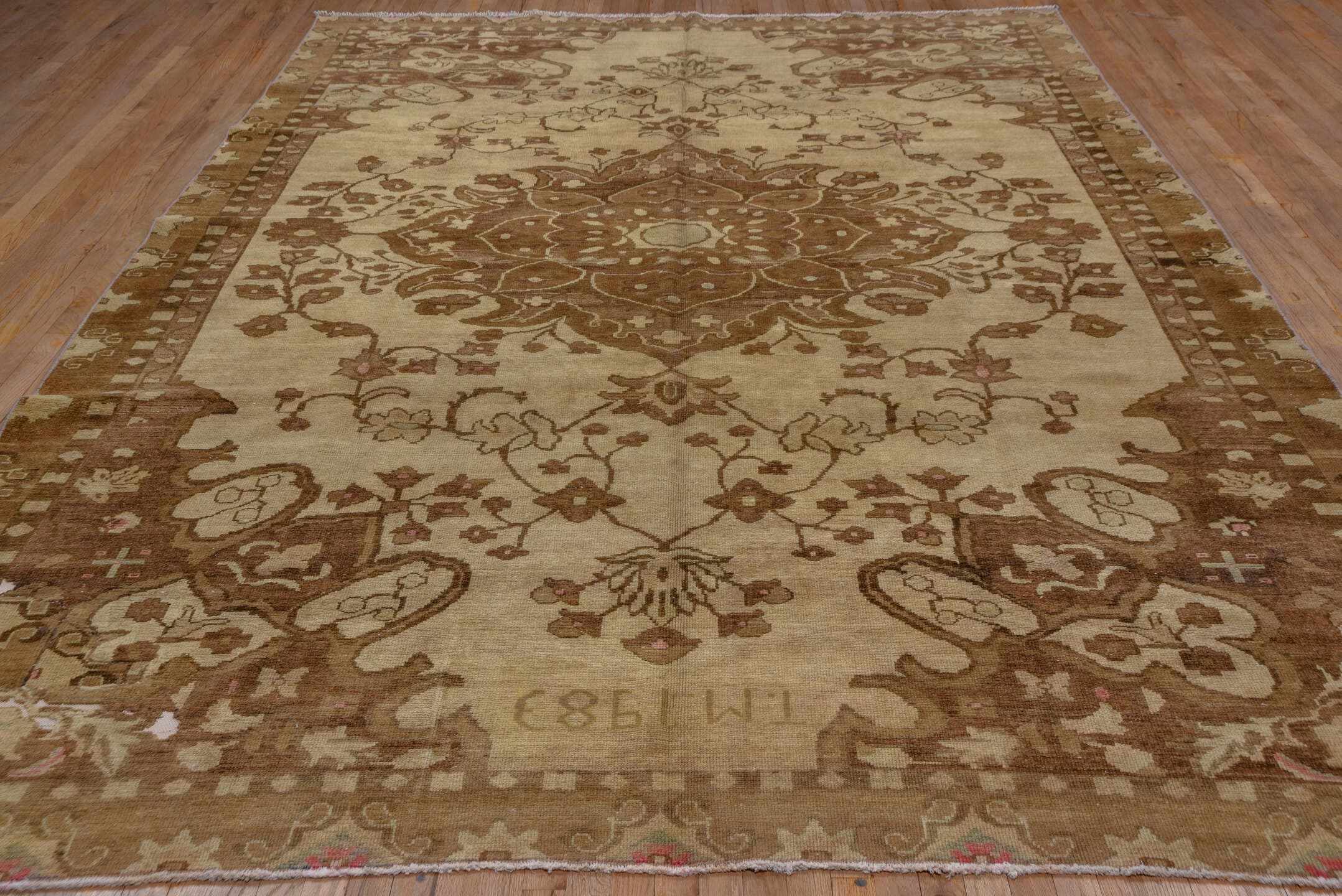 8' x 12' one-of-a-kind handmade vintage Oushak large size rug. Color palette: ivory, brown, taupe, camel, rose, pale_blue