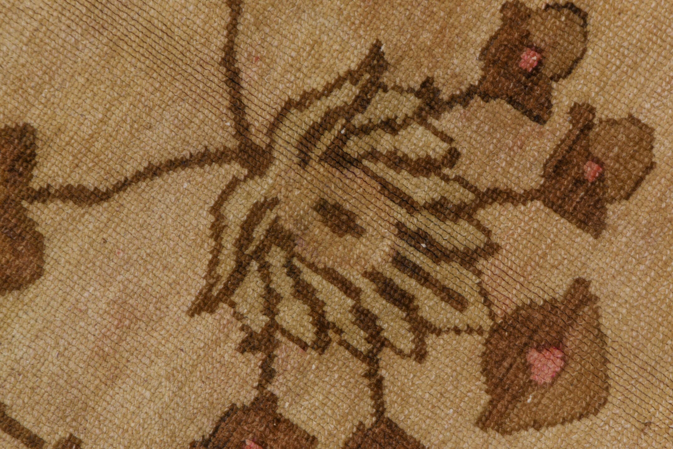 8' x 12' one-of-a-kind handmade vintage Oushak large size rug. Color palette: ivory, brown, taupe, camel, rose, pale_blue