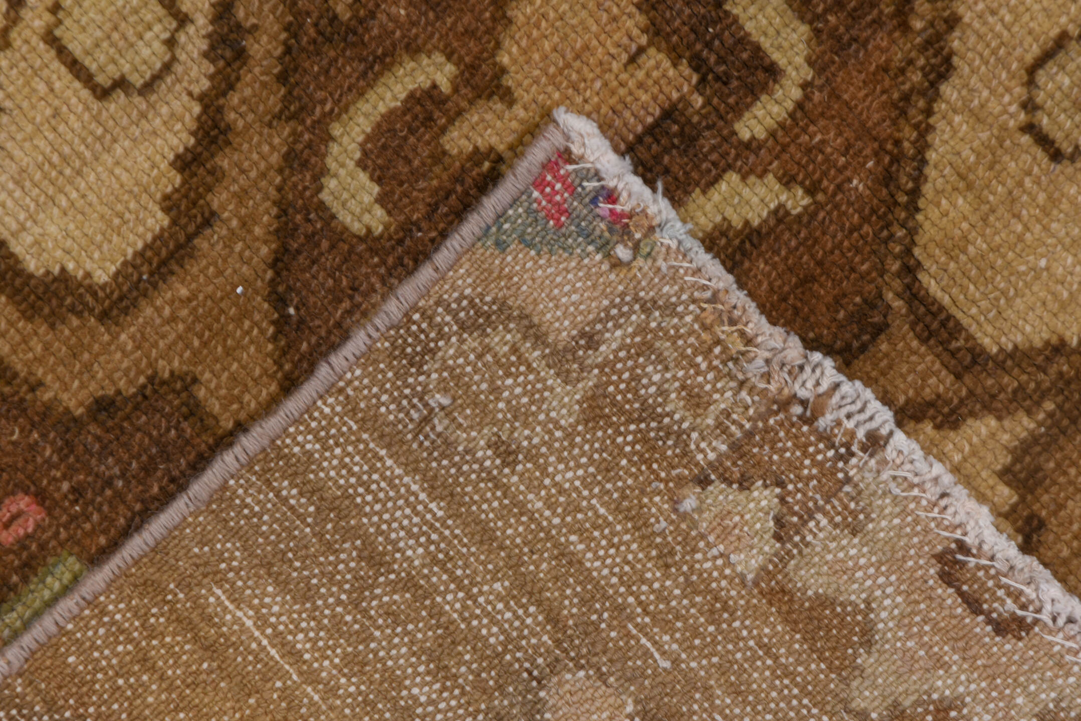 8' x 12' one-of-a-kind handmade vintage Oushak large size rug. Color palette: brown, burlywood, off-white, tan