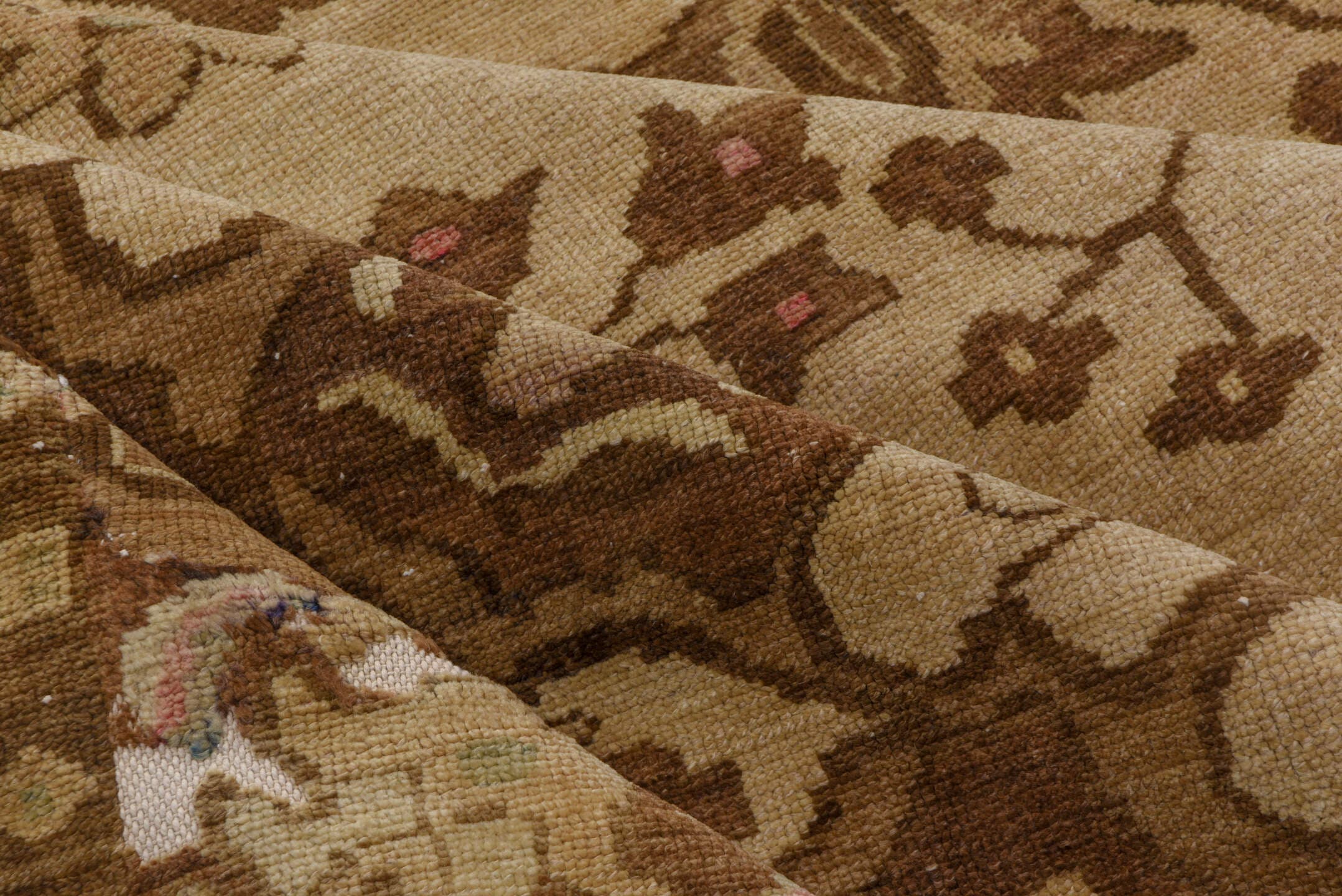 8' x 12' one-of-a-kind handmade vintage Oushak large size rug. Color palette: ivory, brown, taupe, camel, rose, pale_blue