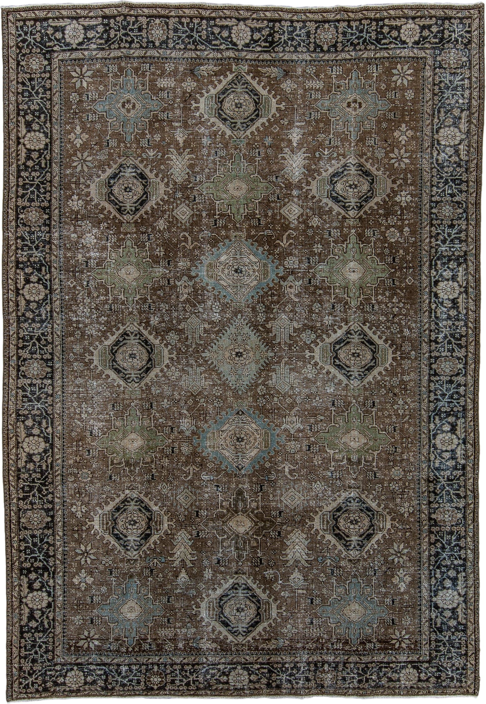 7' x 10' one-of-a-kind handmade antique Karaje large size rug. Color palette: brown, navy, ivory, taupe, sage, aqua