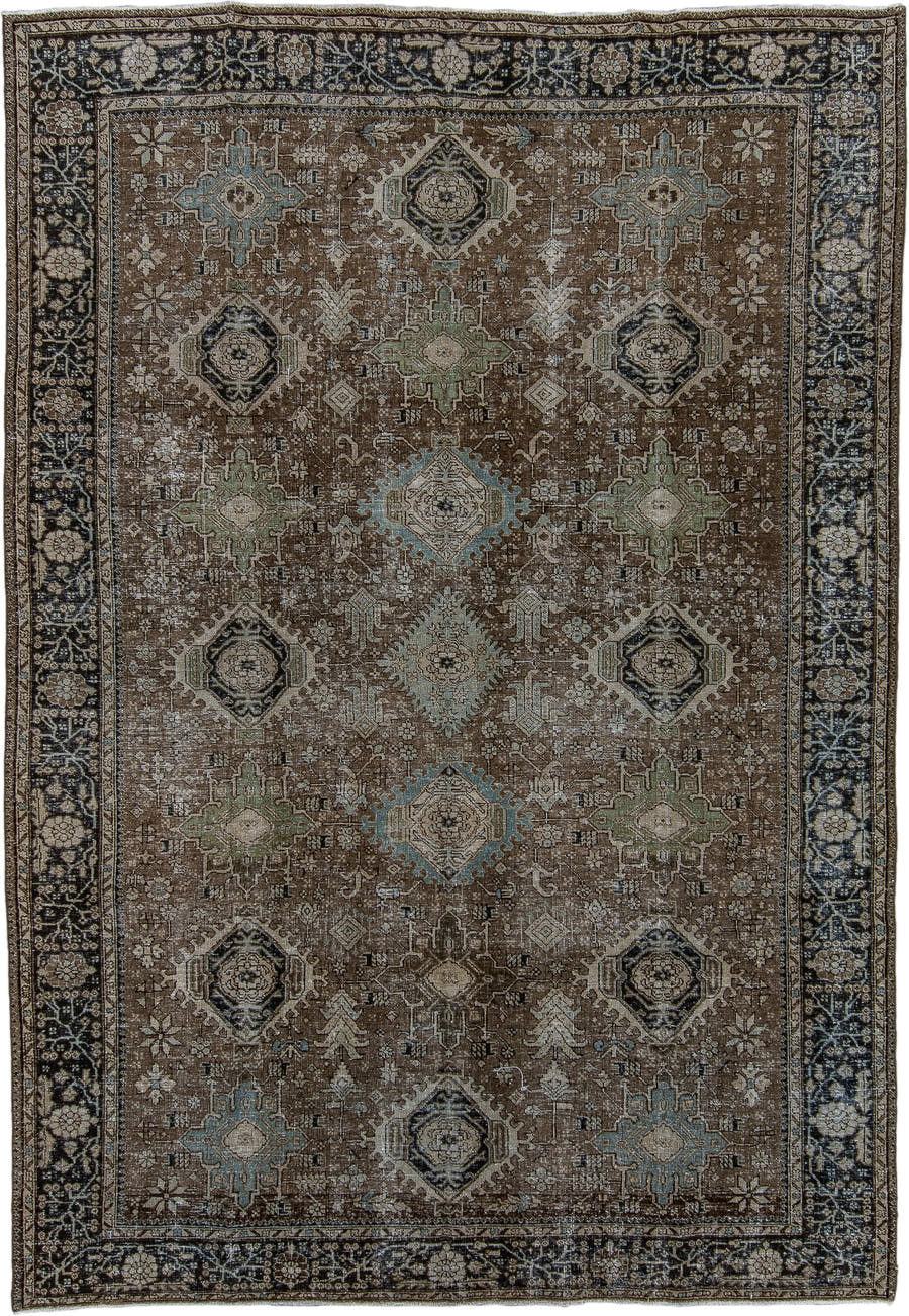 7' x 10' one-of-a-kind handmade antique Karaje large size rug. Color palette: brown, navy, ivory, taupe, sage, aqua