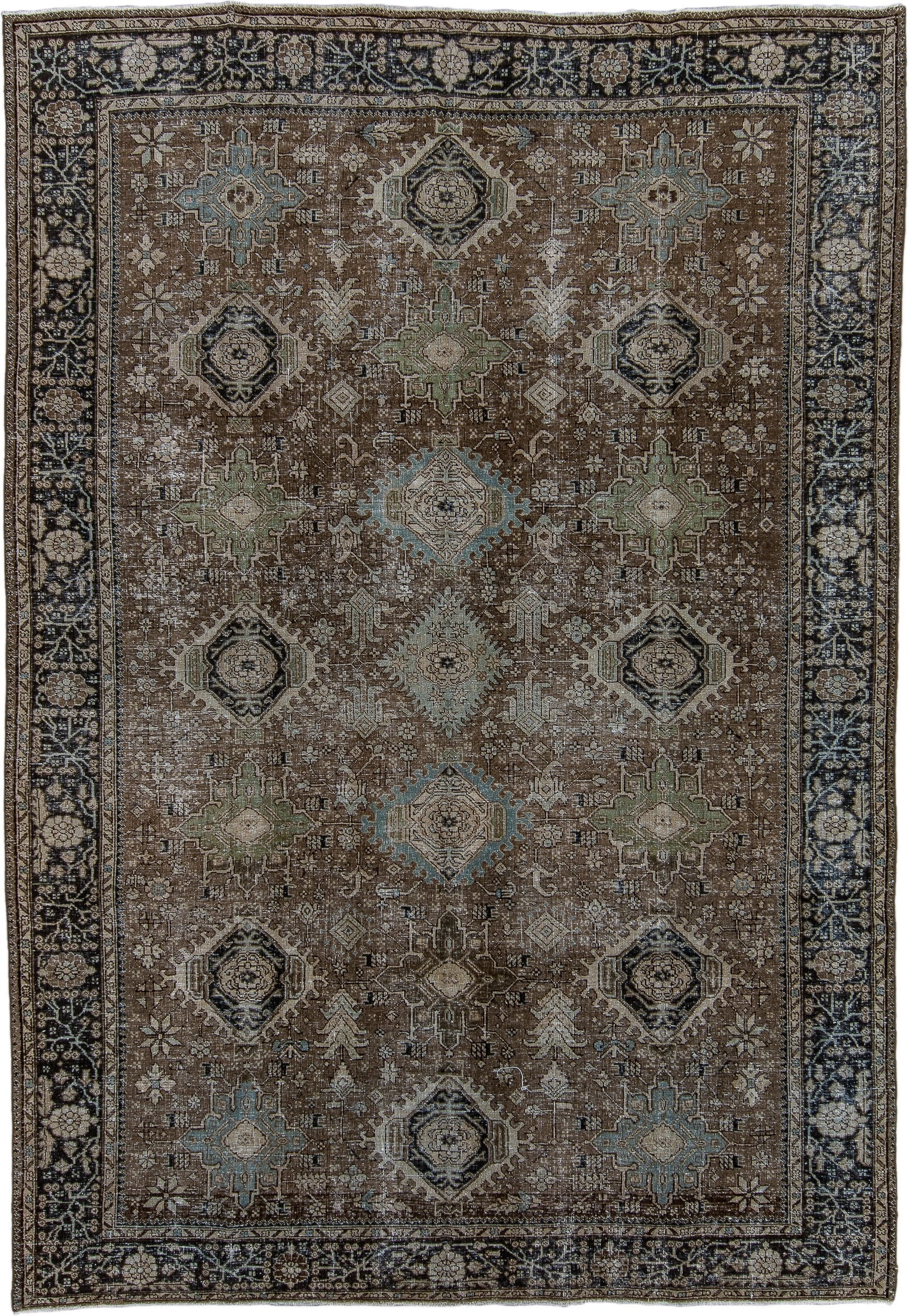 7' x 10' one-of-a-kind handmade antique Karaje large size rug. Color palette: brown, navy, ivory, taupe, sage, aqua