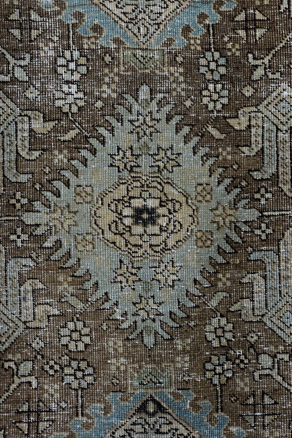 7' x 10' one-of-a-kind handmade antique Karaje large size rug. Color palette: brown, navy, ivory, taupe, sage, aqua