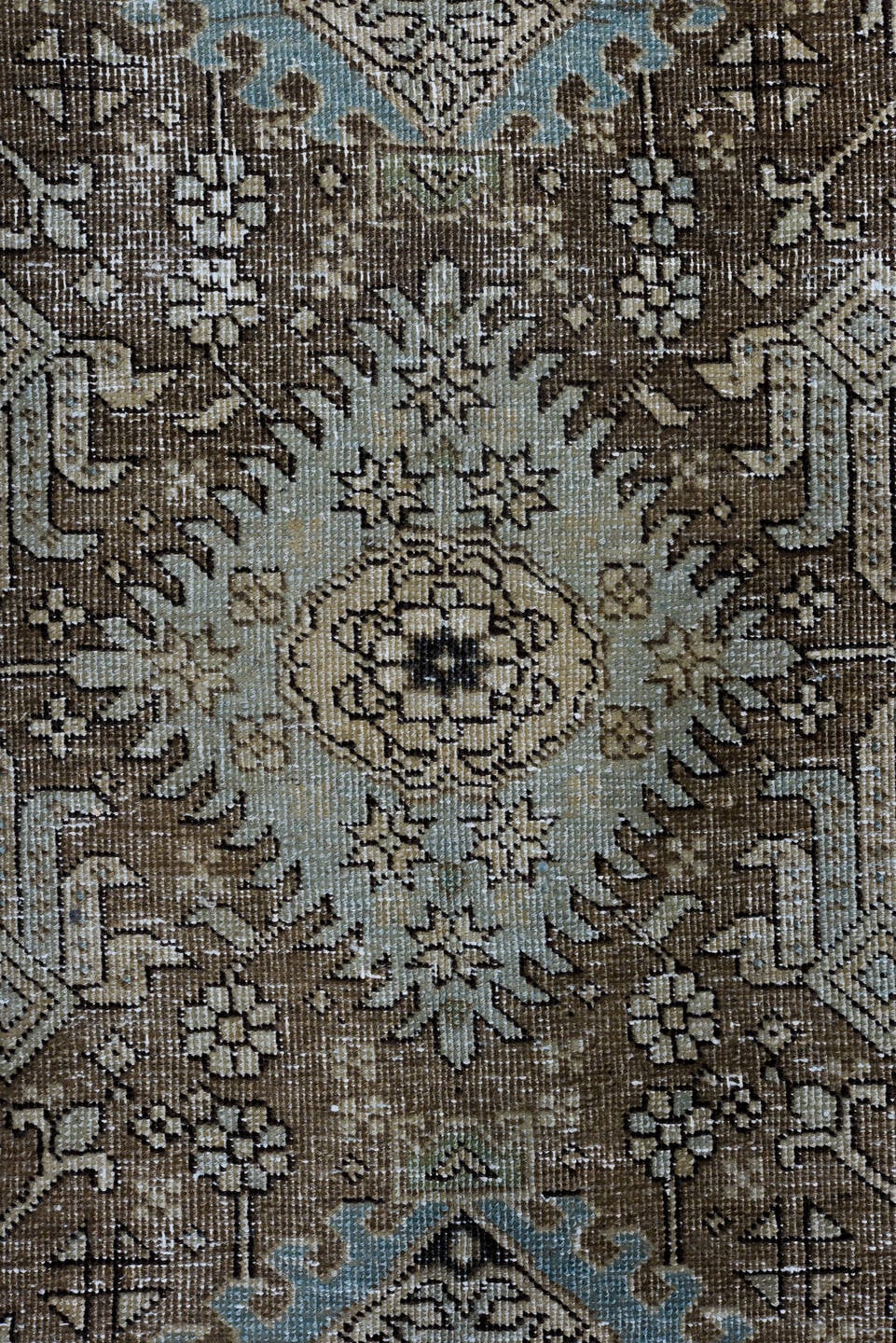 7' x 10' one-of-a-kind handmade antique Karaje large size rug. Color palette: brown, navy, ivory, taupe, sage, aqua