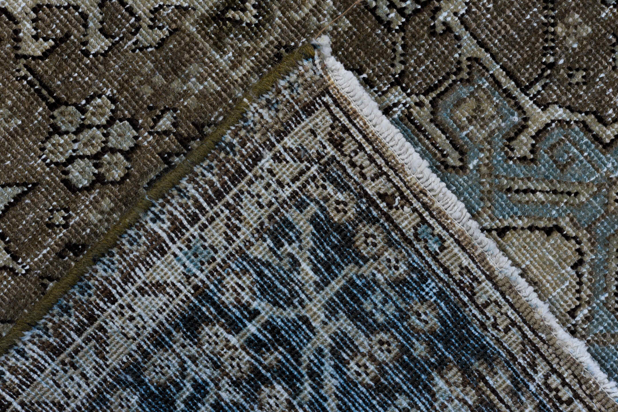 7' x 10' one-of-a-kind handmade antique Karaje large size rug. Color palette: brown, navy, ivory, taupe, sage, aqua