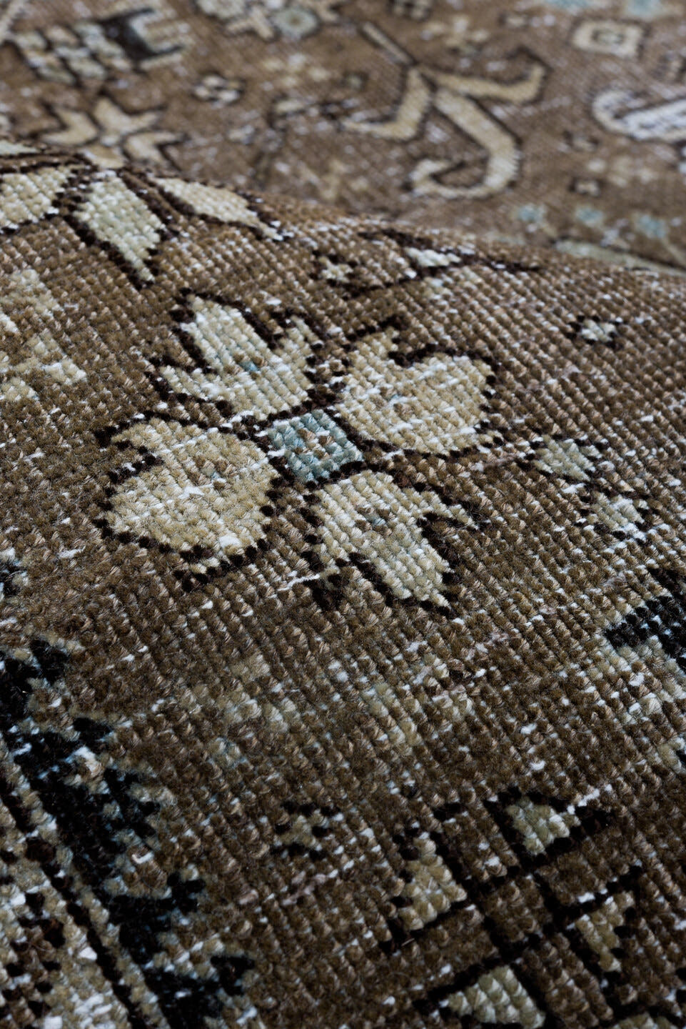 7' x 10' one-of-a-kind handmade antique Karaje large size rug. Color palette: brown, navy, ivory, taupe, sage, aqua