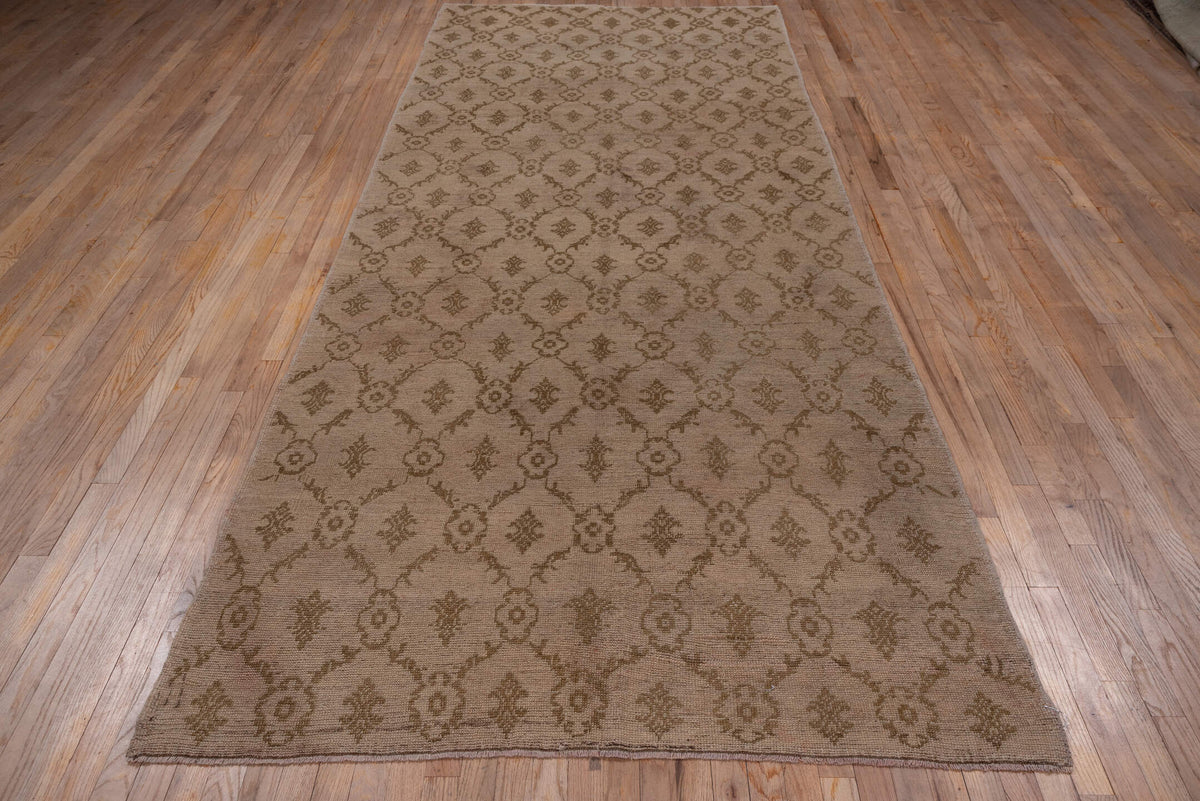 5' x 11' one-of-a-kind handmade vintage Oushak rug. Color palette: taupe, camel, beige, sand, brown, gray