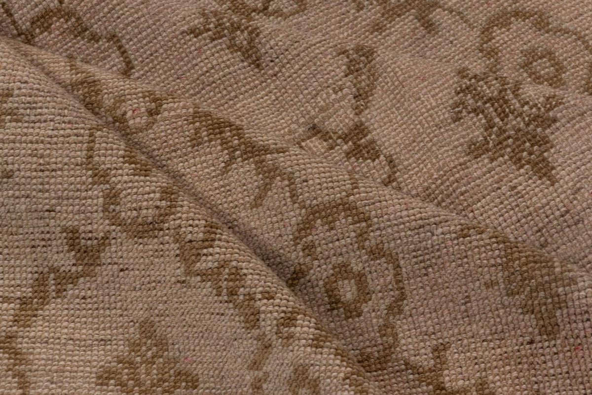 5' x 11' one-of-a-kind handmade vintage Oushak rug. Color palette: taupe, camel, beige, sand, brown, gray