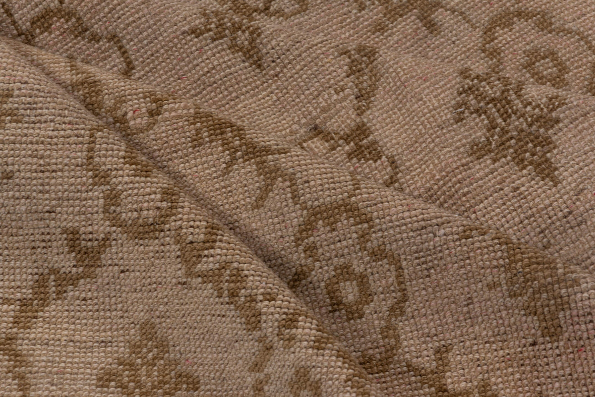 5' x 11' one-of-a-kind handmade vintage Oushak rug. Color palette: taupe, camel, beige, sand, brown, gray