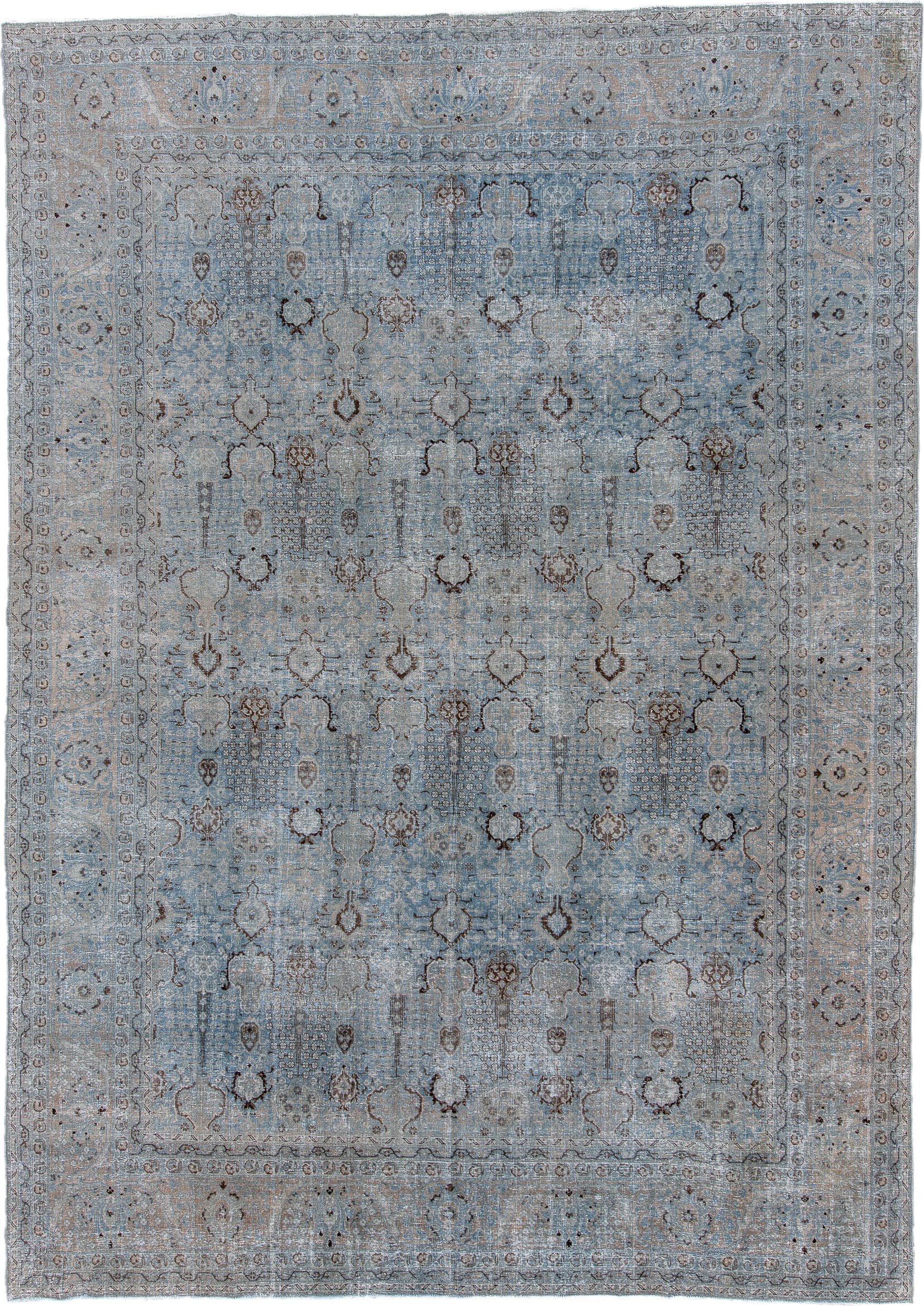 8' x 12' one-of-a-kind handmade antique Tabriz large size rug. Color palette: pale blue, ivory, taupe, charcoal, beige