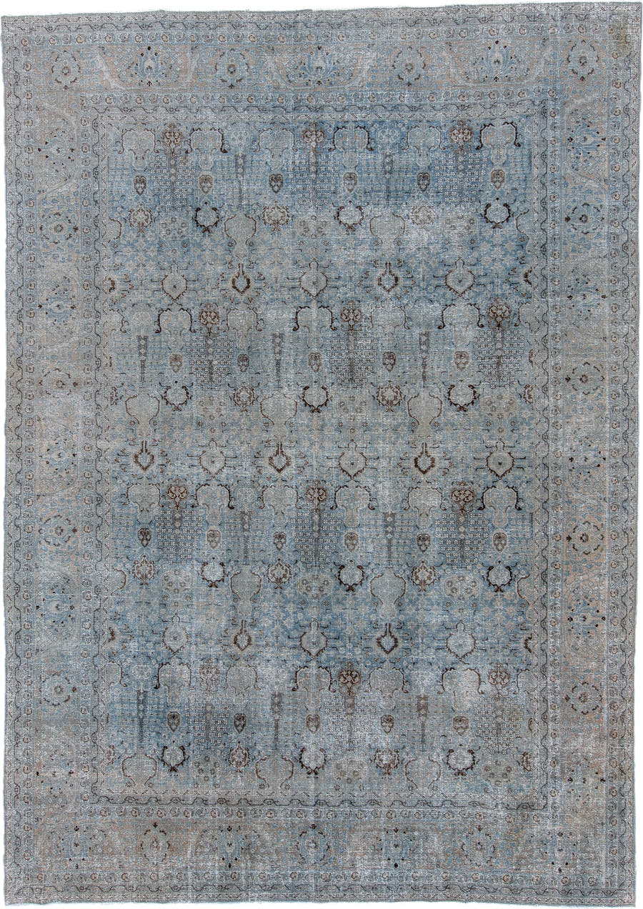 8' x 12' one-of-a-kind handmade antique Tabriz large size rug. Color palette: pale blue, ivory, taupe, charcoal, beige