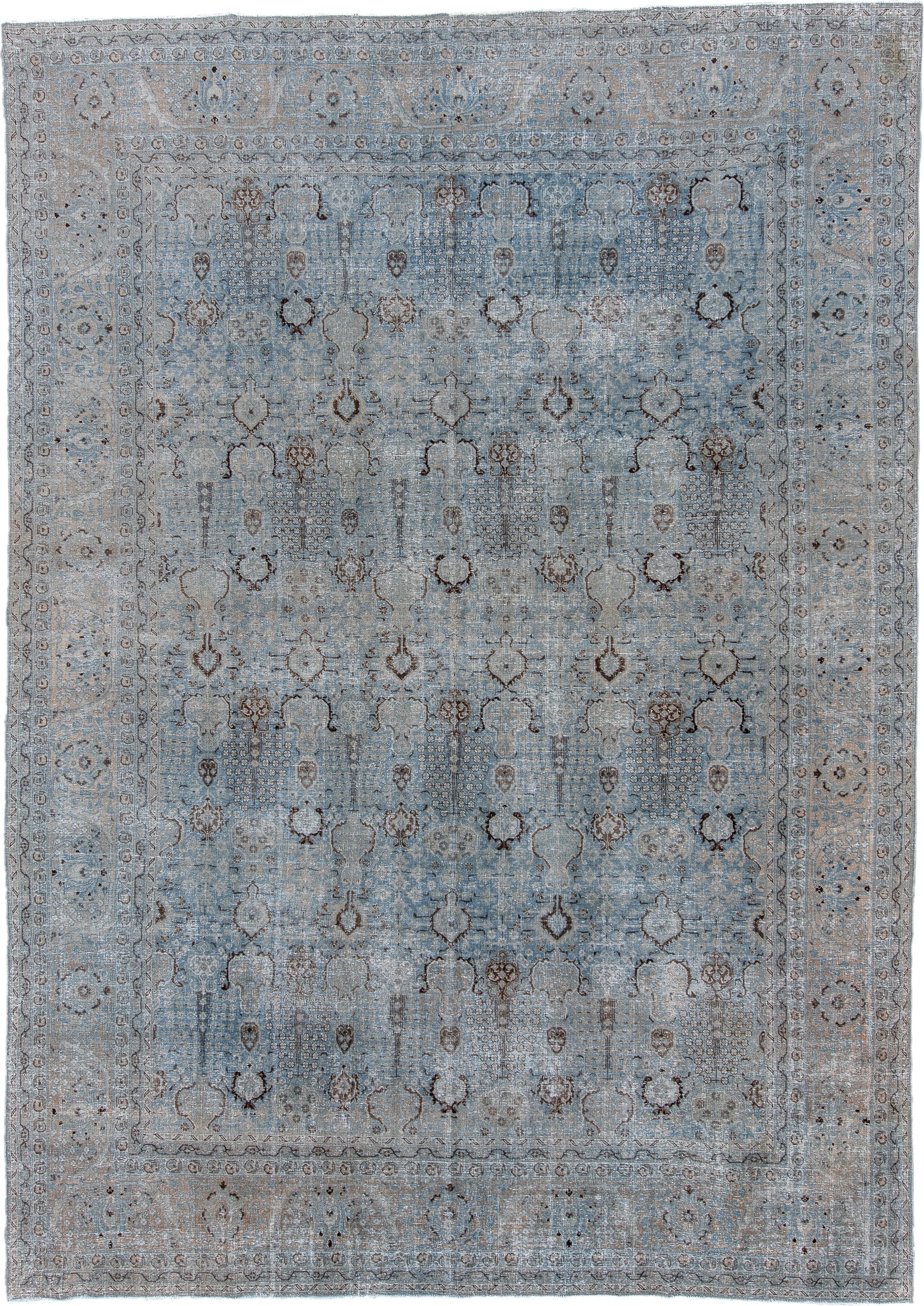 8' x 12' one-of-a-kind handmade antique Tabriz large size rug. Color palette: pale blue, ivory, taupe, charcoal, beige