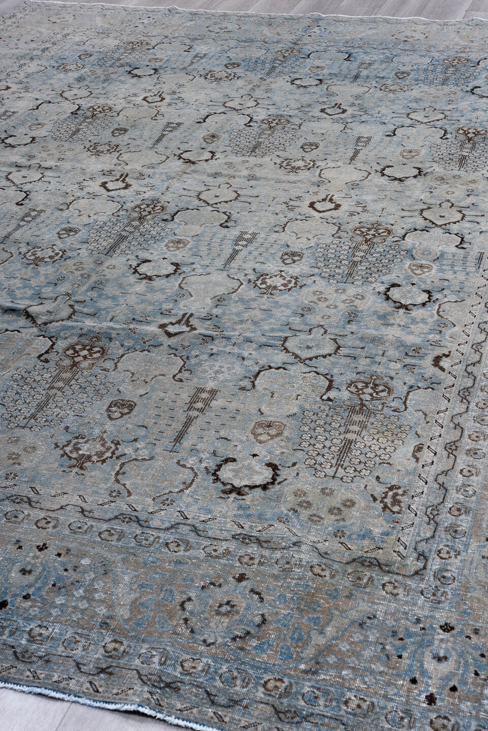 8' x 12' one-of-a-kind handmade antique Tabriz large size rug. Color palette: pale blue, ivory, taupe, charcoal, beige