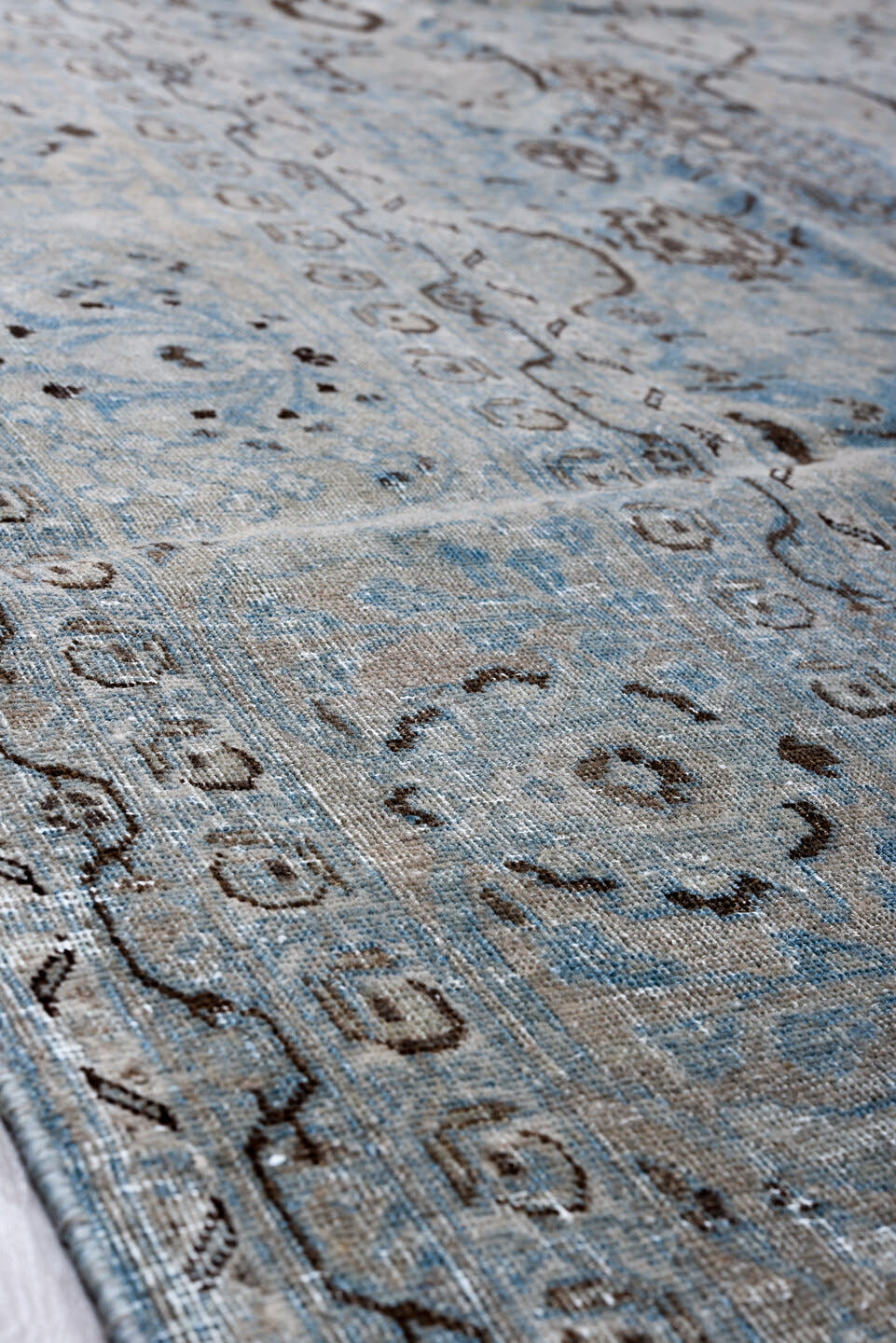 8' x 12' one-of-a-kind handmade antique Tabriz large size rug. Color palette: pale blue, ivory, taupe, charcoal, beige
