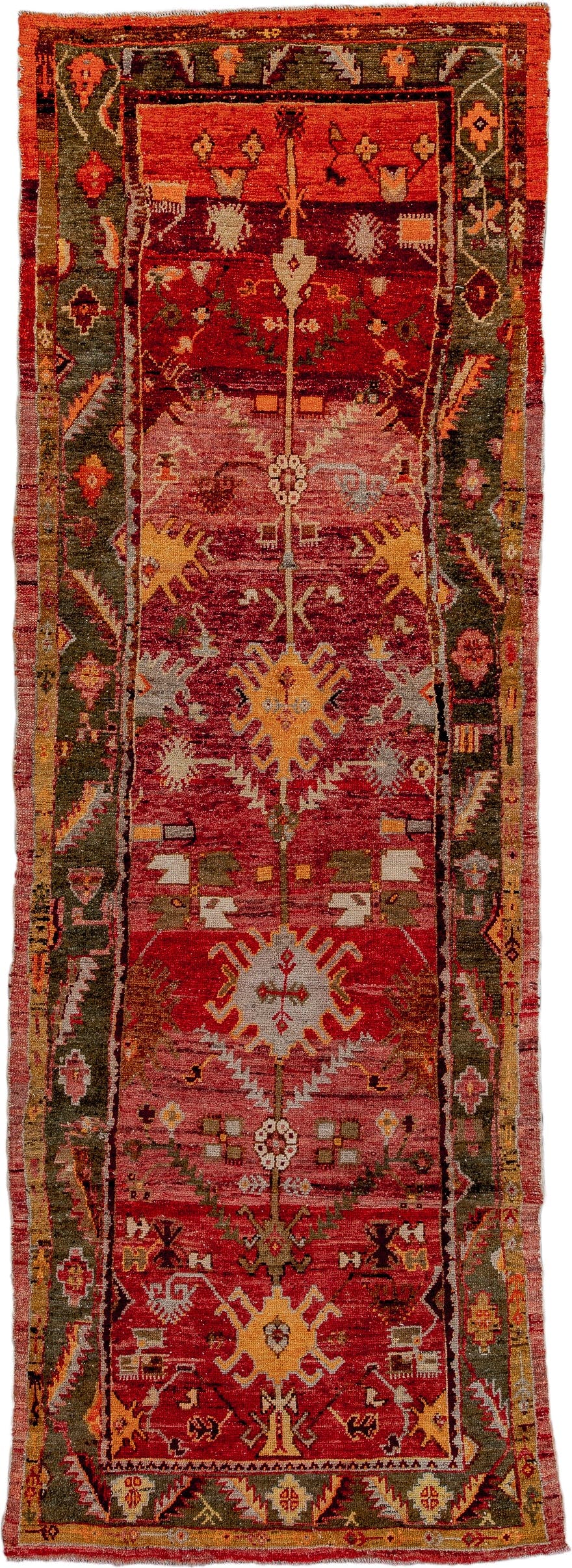 3' x 9' one-of-a-kind handmade vintage Oushak runner rug. Color palette: rust, crimson, olive, rose, gold, terra cotta