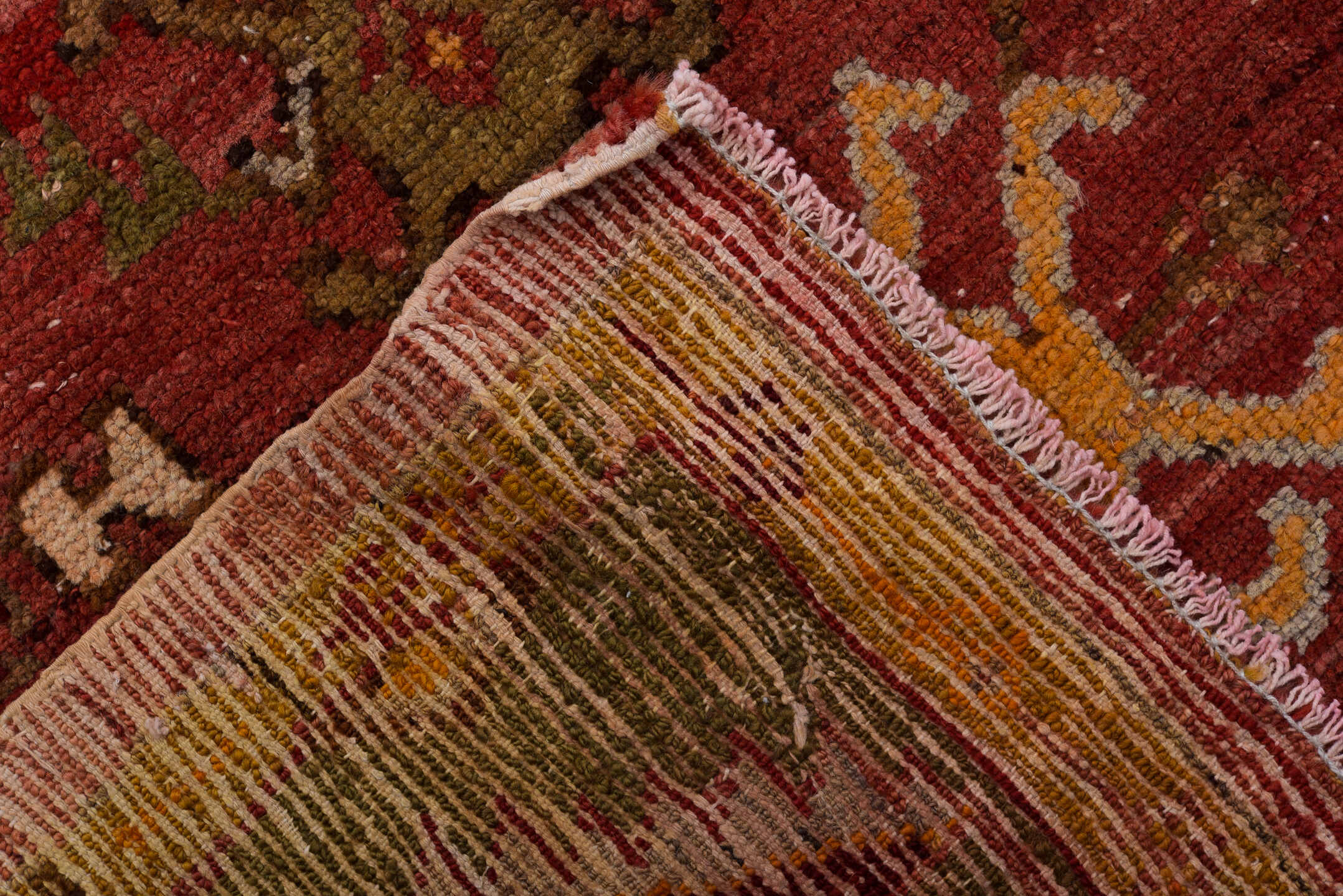 3' x 9' one-of-a-kind handmade vintage Oushak runner rug. Color palette: rust, crimson, olive, rose, gold, terra cotta