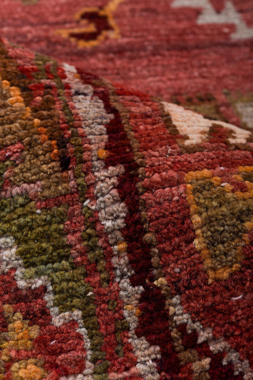 3' x 9' one-of-a-kind handmade vintage Oushak runner rug. Color palette: rust, crimson, olive, rose, gold, terra cotta