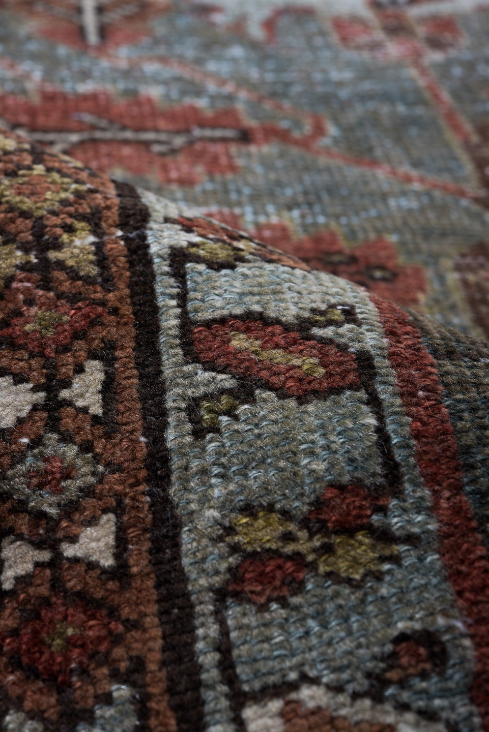 2' x 13' one-of-a-kind handmade vintage Heriz runner rug. Color palette: black, brown, gray, light gray, off-white, redwood