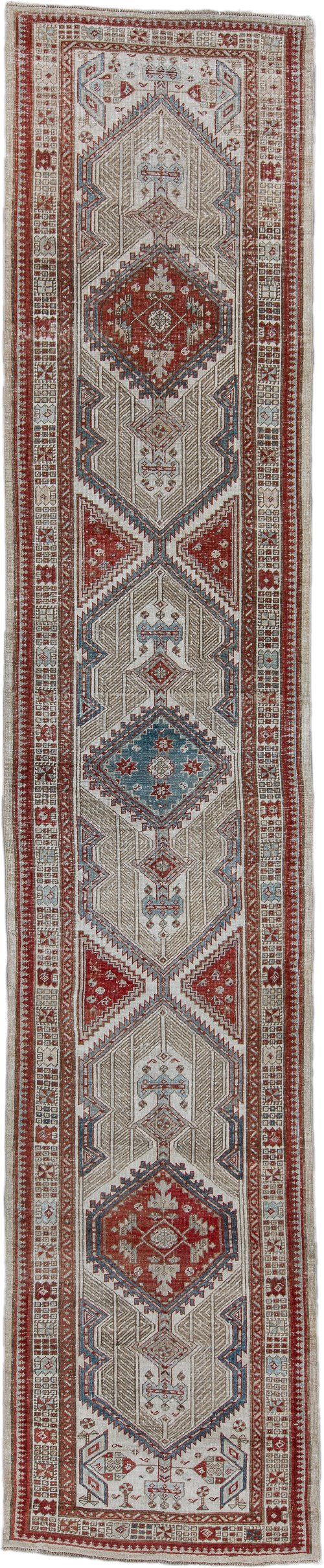 3' x 15' one-of-a-kind handmade vintage Sarab runner rug. Color palette: ivory, rust, brick, indigo, sky_blue, taupe