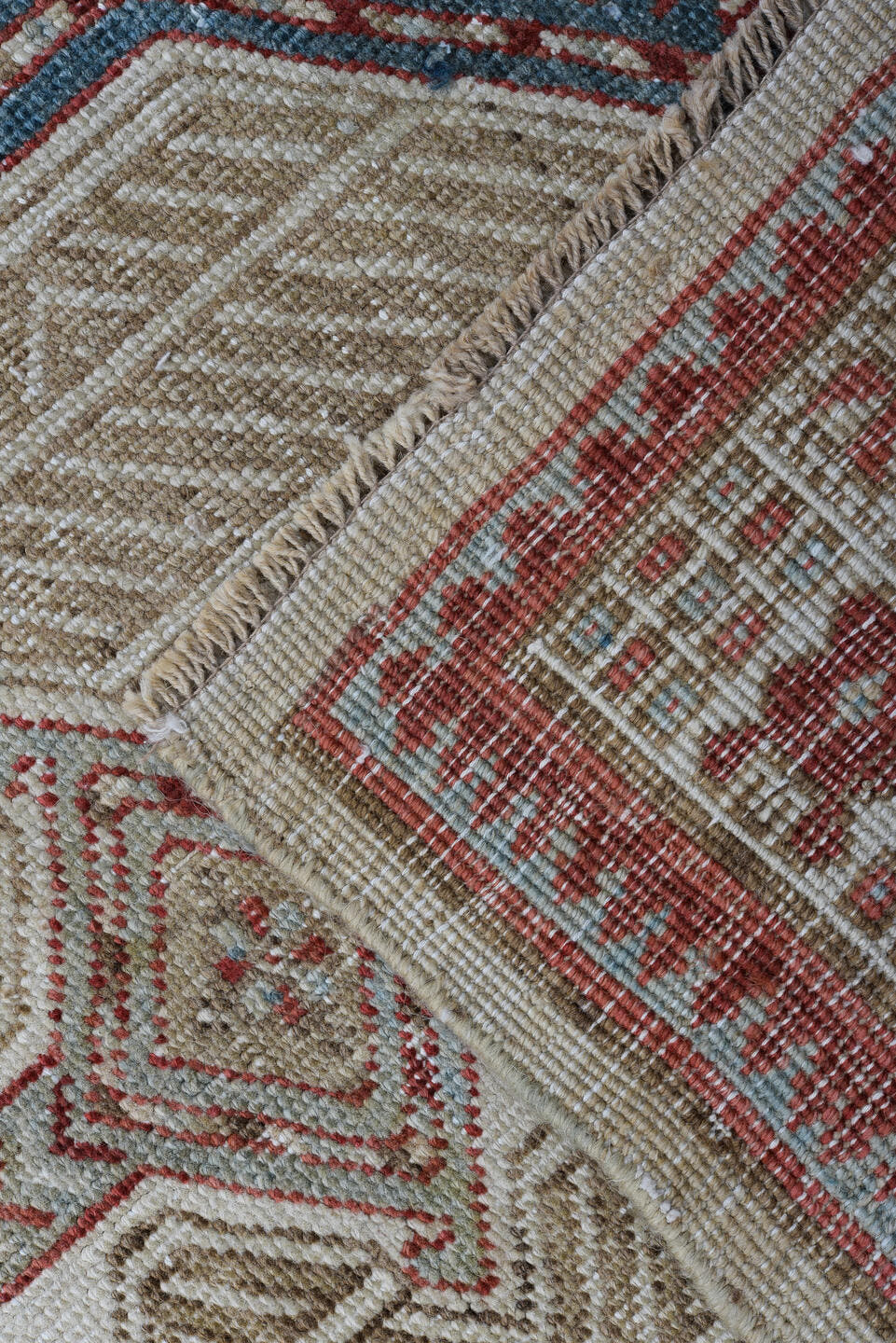3' x 15' one-of-a-kind handmade vintage Sarab runner rug. Color palette: ivory, rust, brick, indigo, sky_blue, taupe