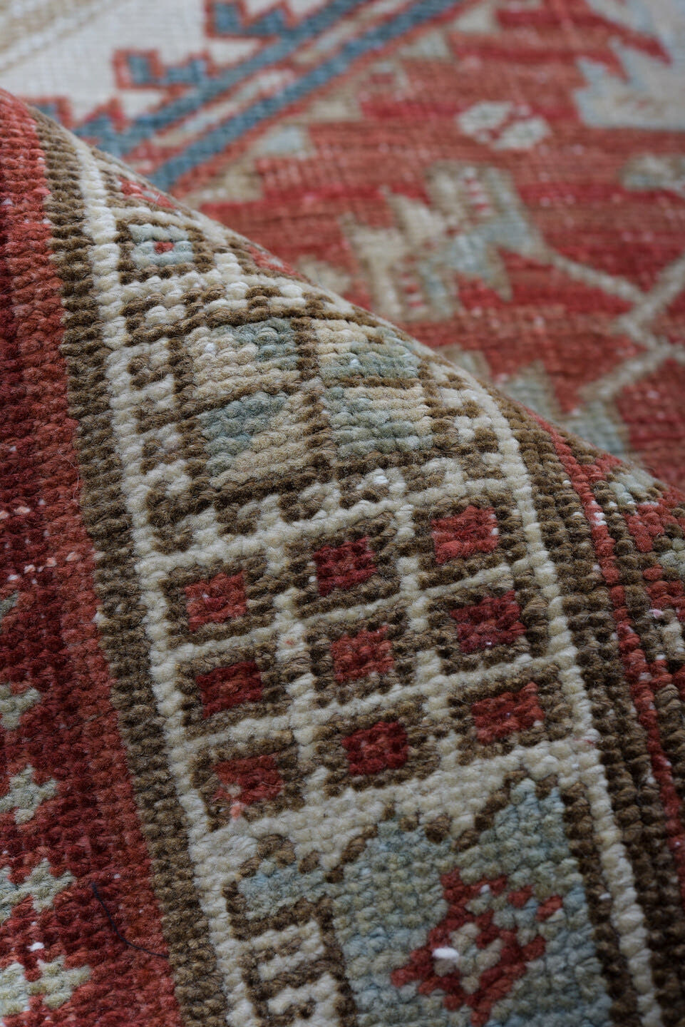 3' x 15' one-of-a-kind handmade vintage Sarab runner rug. Color palette: ivory, rust, brick, indigo, sky_blue, taupe