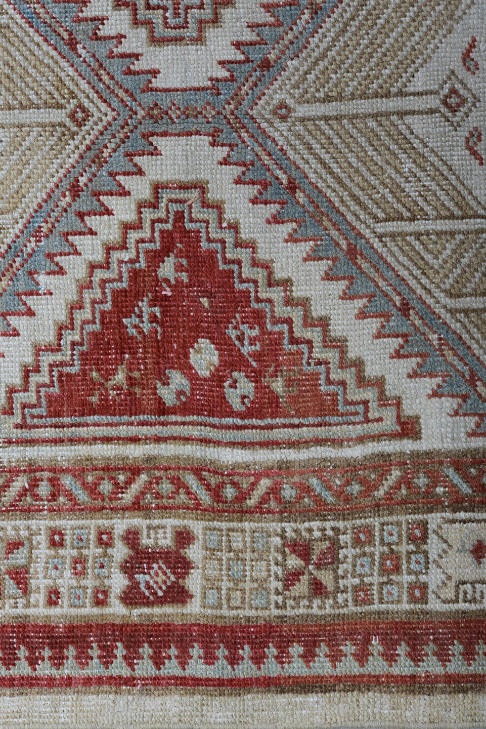 3' x 15' one-of-a-kind handmade vintage Sarab runner rug. Color palette: ivory, rust, brick, indigo, sky_blue, taupe