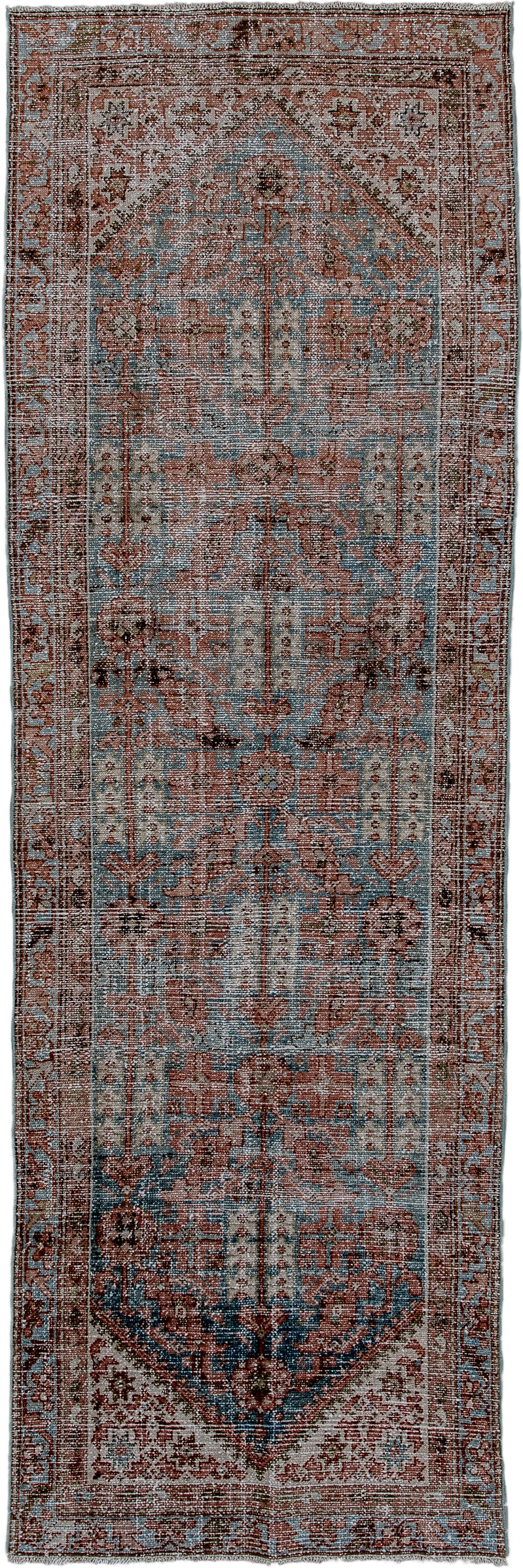 3' x 9' one-of-a-kind handmade vintage Malayer runner rug. Color palette: terra cotta, pale blue, ivory, rust, charcoal