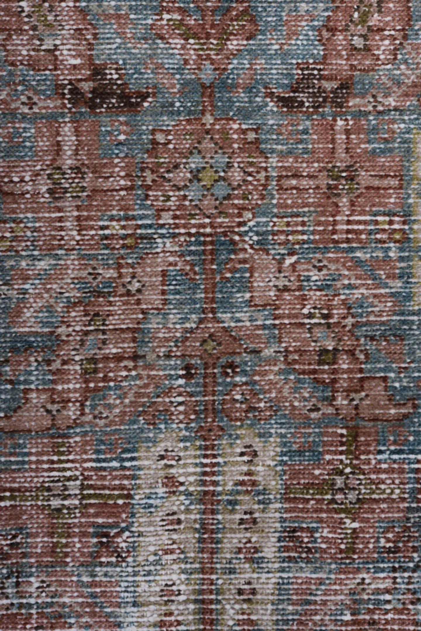 3' x 9' one-of-a-kind handmade vintage Malayer runner rug. Color palette: terra cotta, pale blue, ivory, rust, charcoal