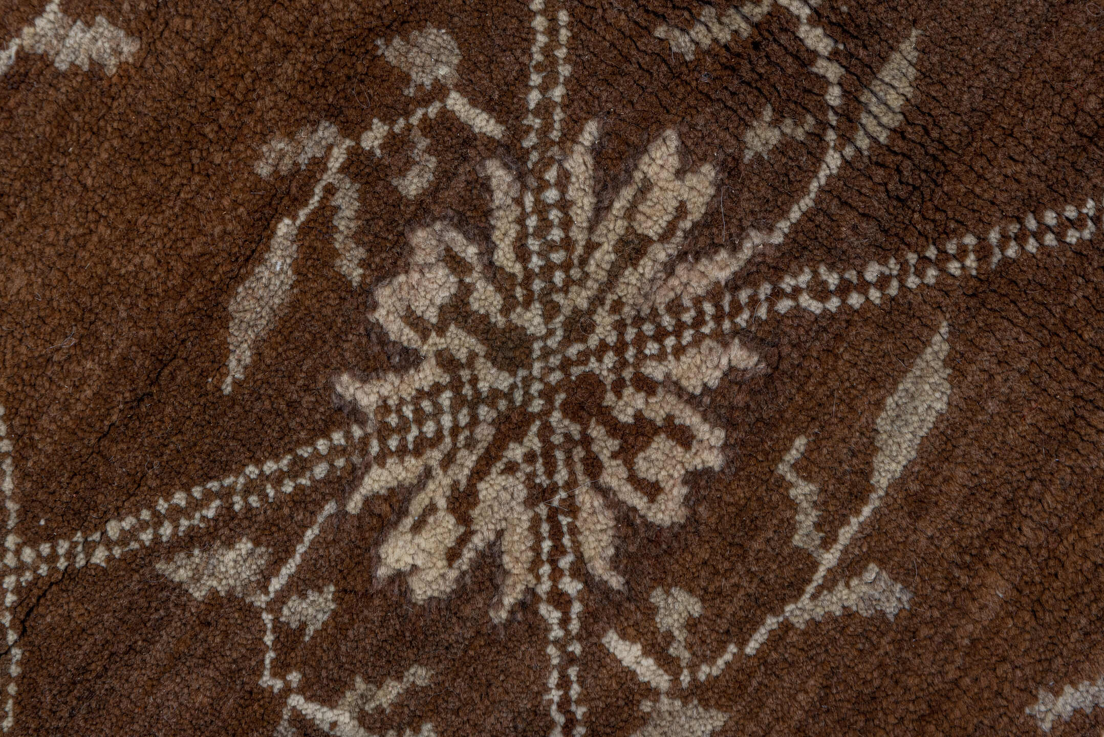 7' x 9' one-of-a-kind handmade vintage Kars rug. Color palette: brown, ivory, taupe, camel, charcoal, beige, gray, black